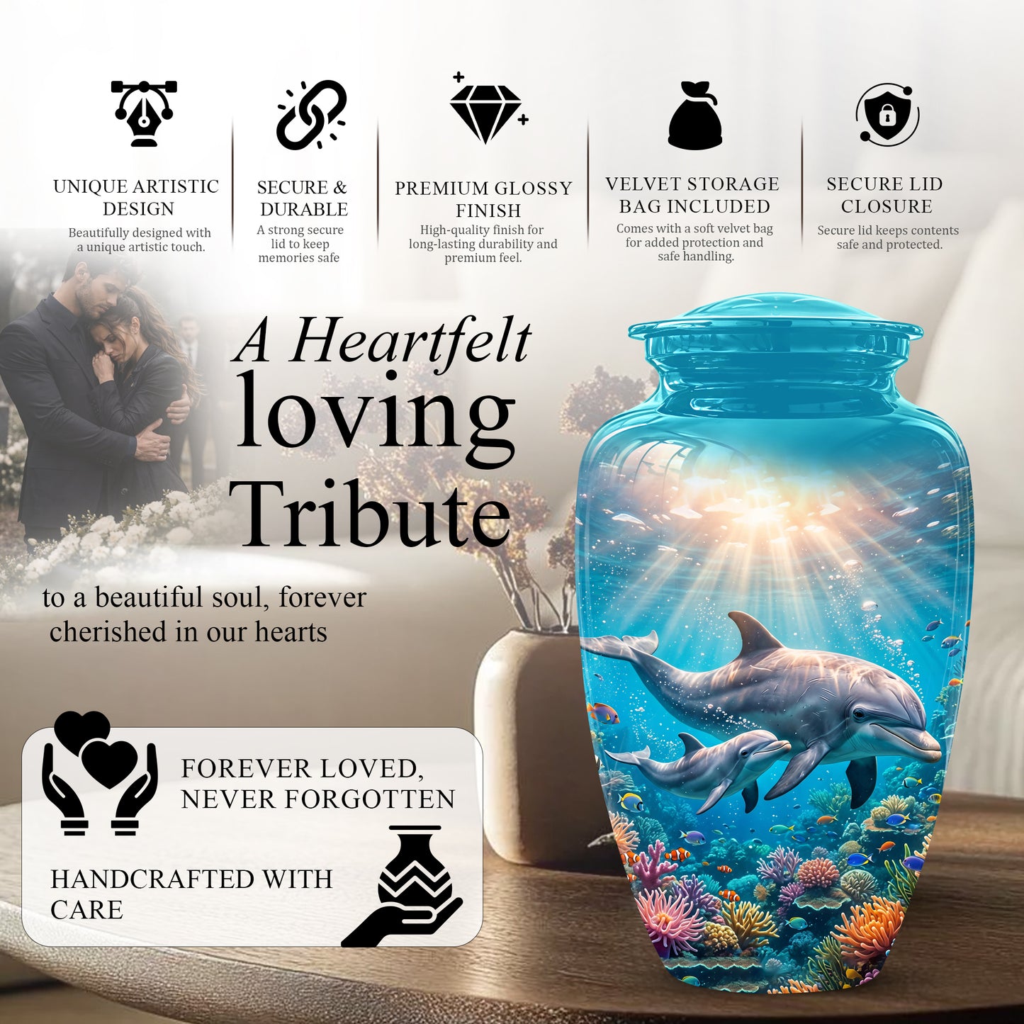 Baby Dolphin With Mother - Beautiful Artistic Urn To Tribute Mom Ashes