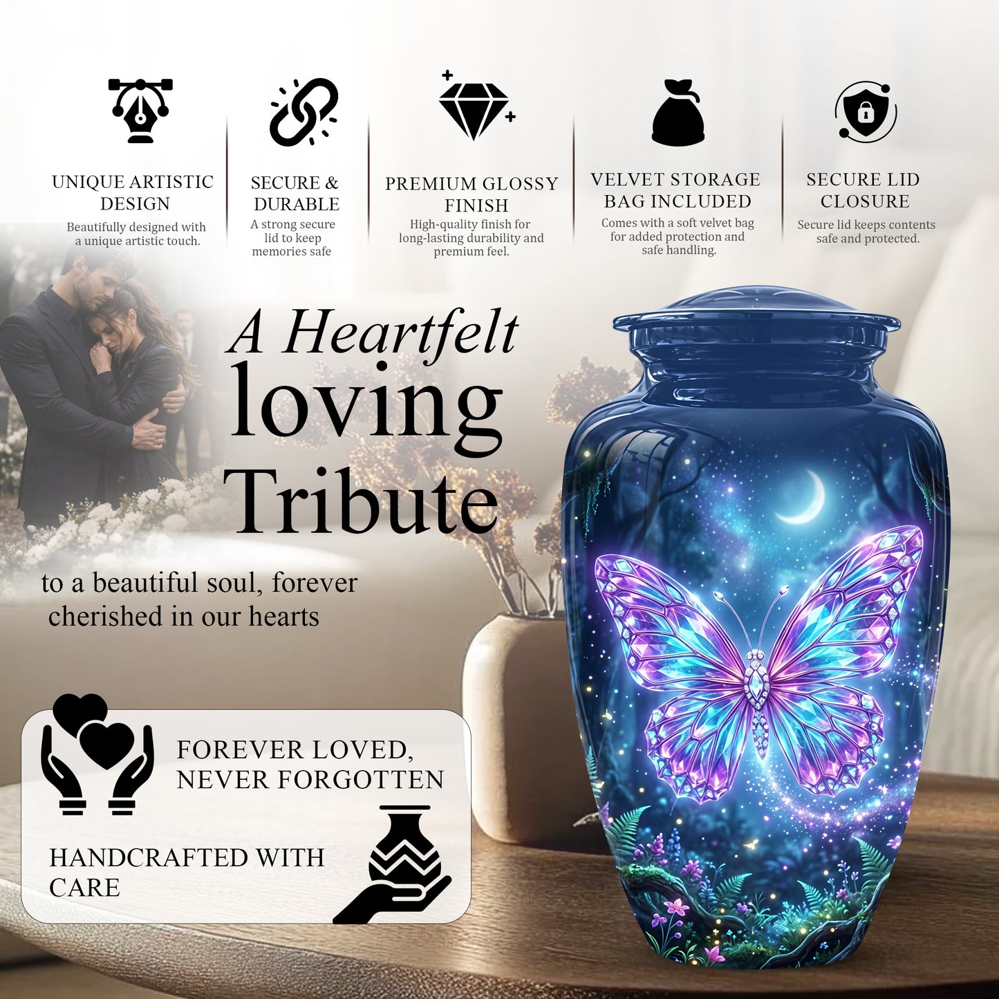 Glowing Colorful Butterfly Memorial Urn - Majestic Urns For Ashes