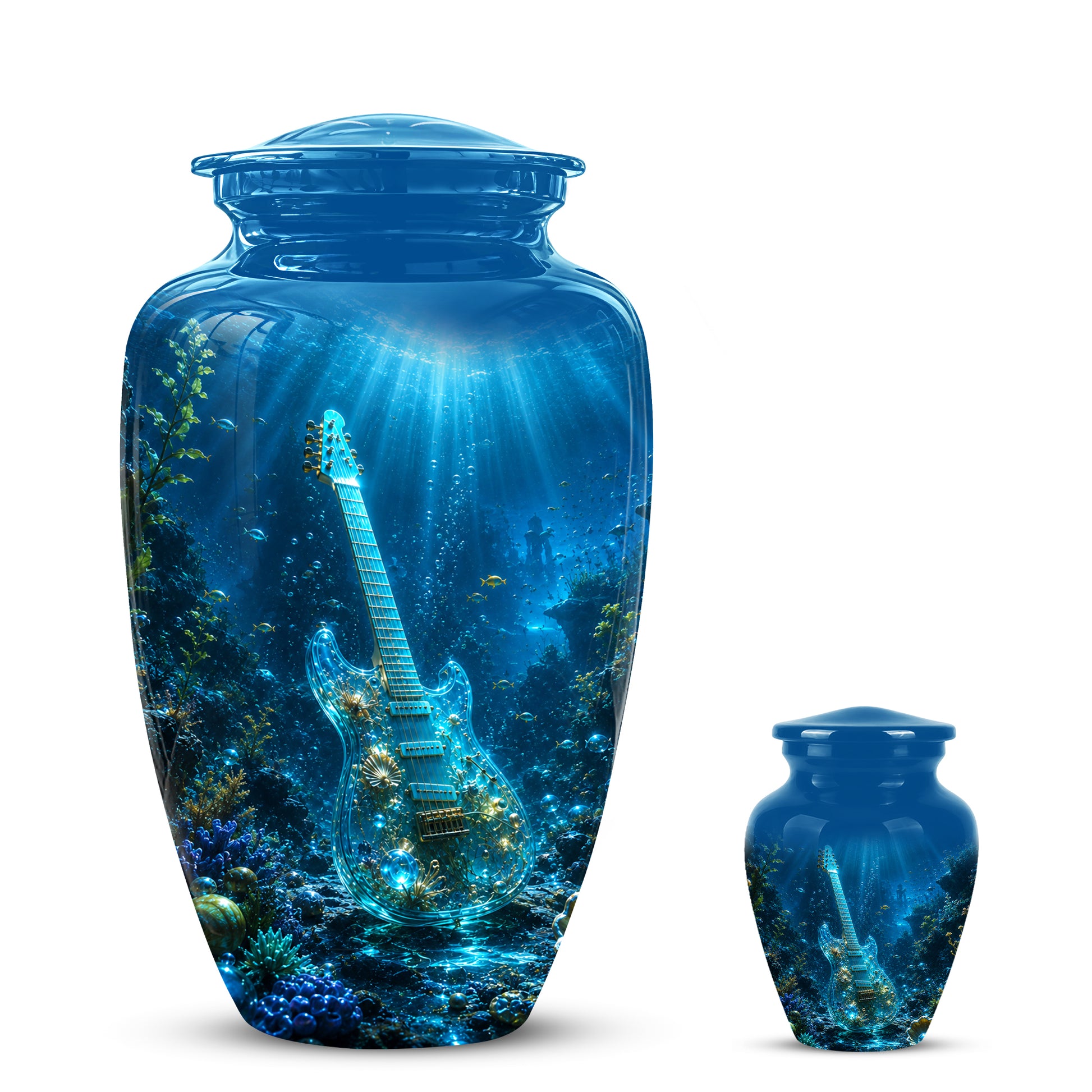 Underwater Guitar Themed Urn -Peaceful Memorial Tribute Urns For Ashes