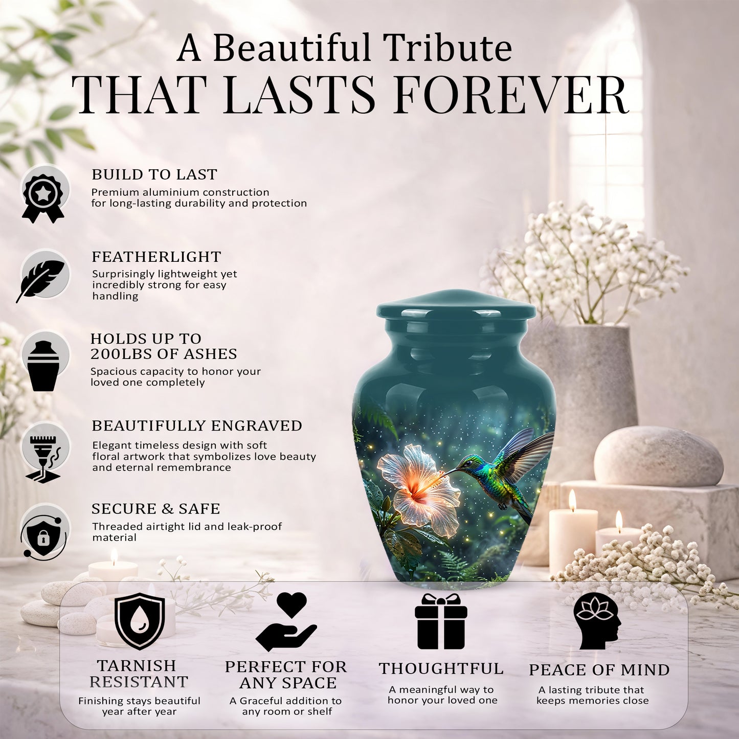 Hummingbird Cremation Urn for Ashes - Elegant Floral Memorial Urn