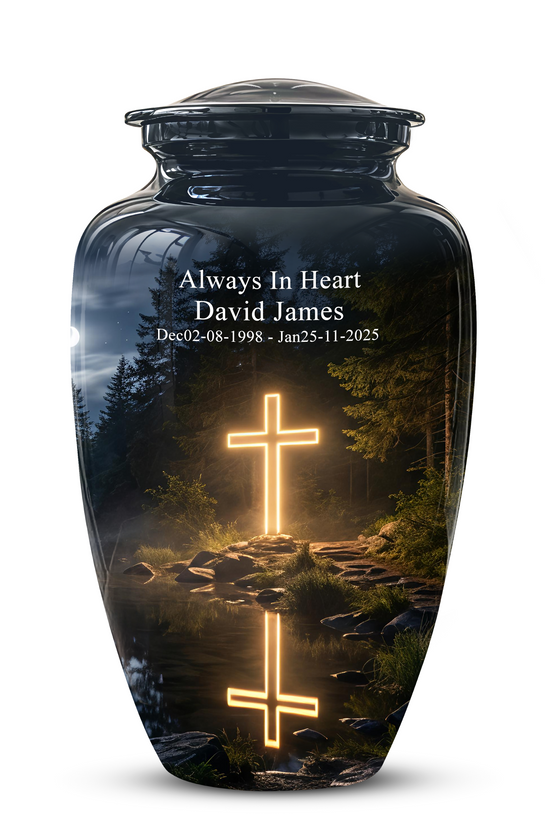 Glowing Cross In Forest - A Peaceful Tribute For Spiritual Human Ashes