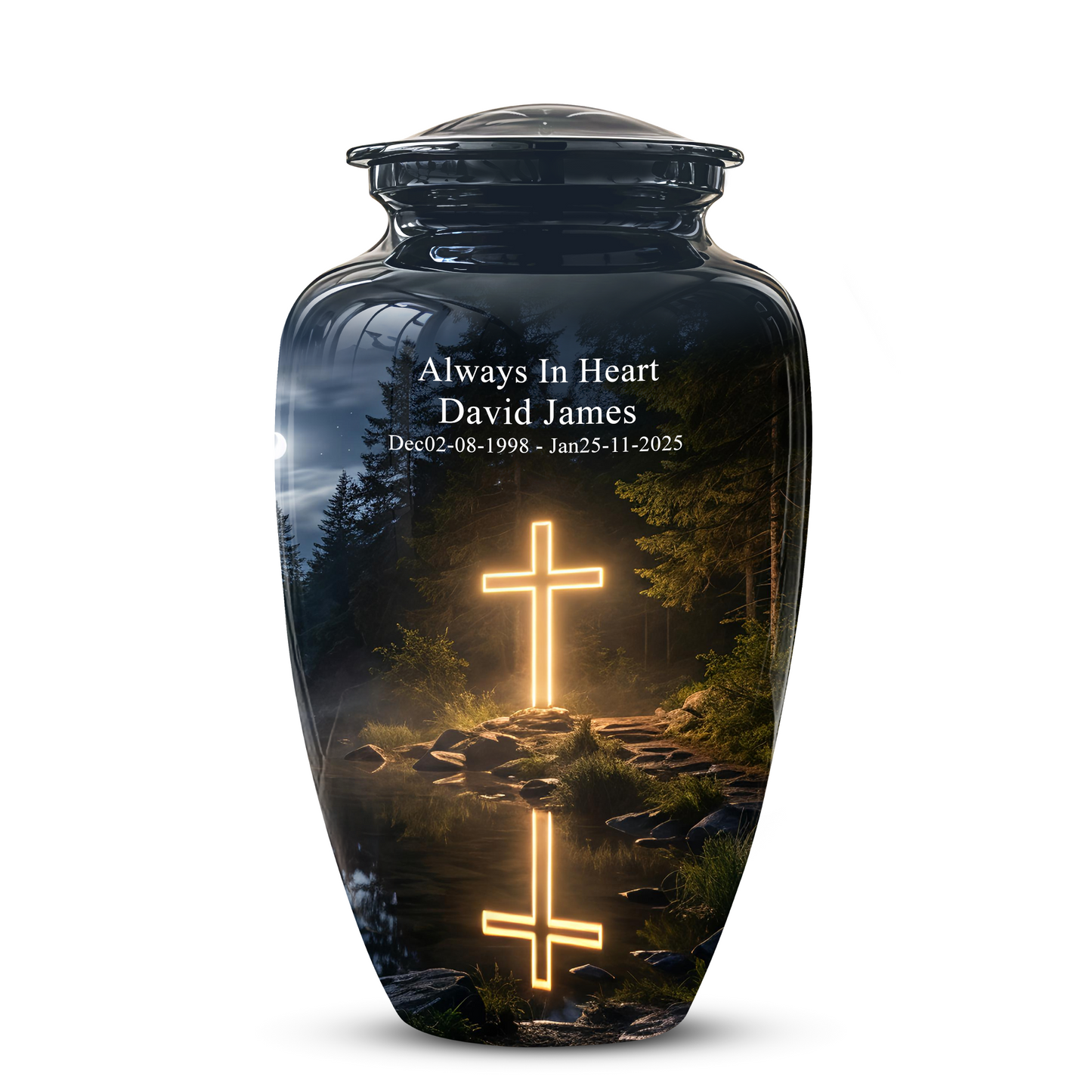 Glowing Cross In Forest - A Peaceful Tribute For Spiritual Human Ashes