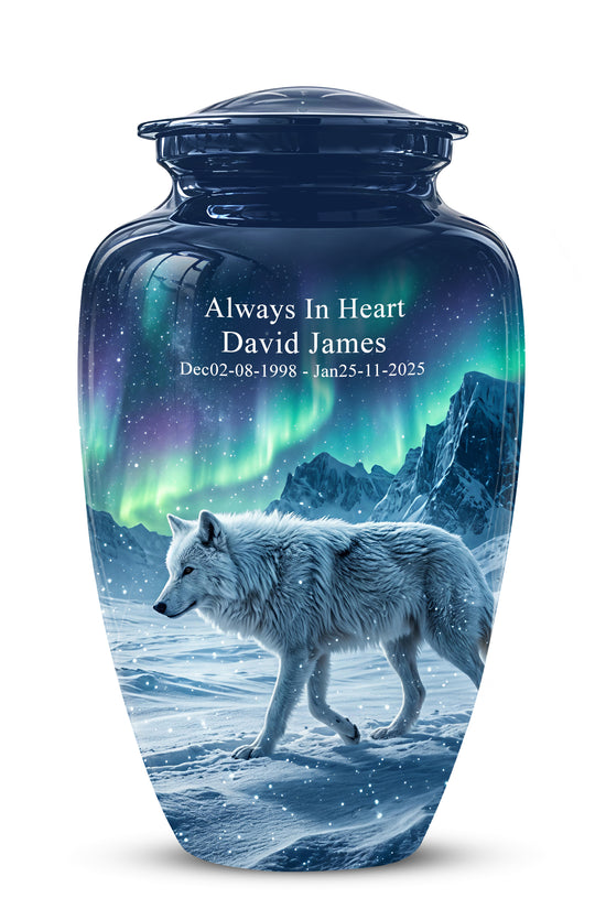 Snowy Wolf Cremation Urn - Northern Light Memorial Urn For Human Ashes