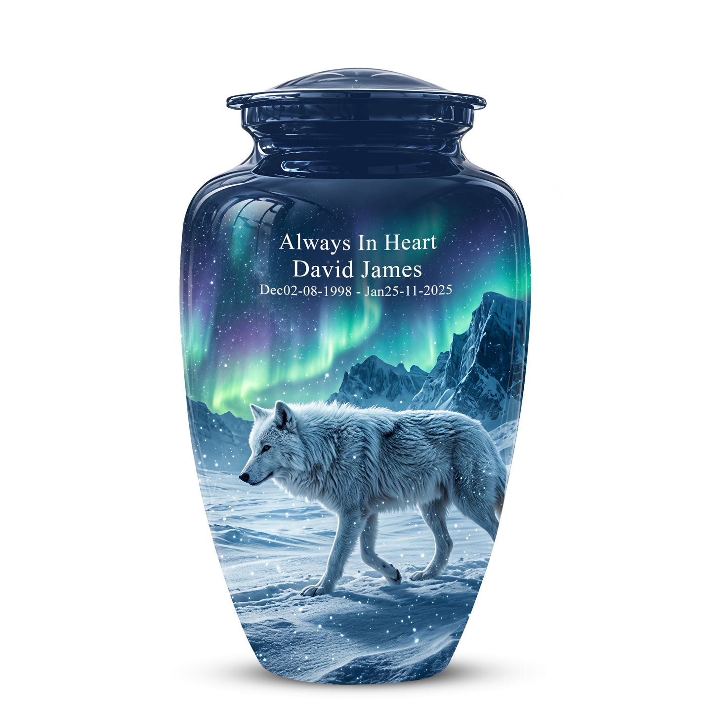 Snowy Wolf Cremation Urn - Northern Light Memorial Urn For Human Ashes