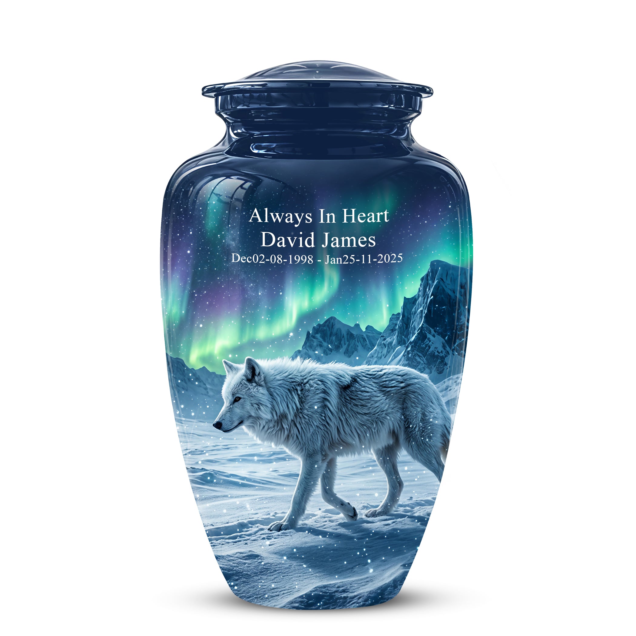 Snowy Wolf Cremation Urn - Northern Light Memorial Urn For Human Ashes