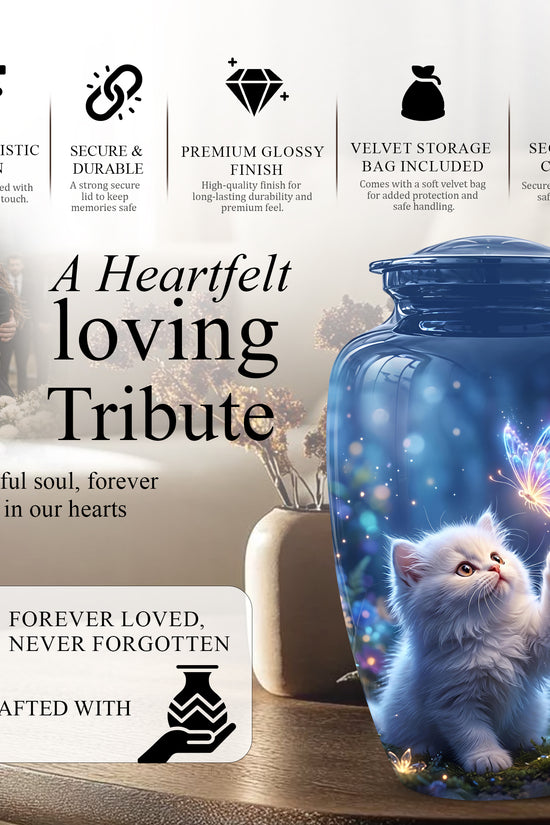 White Cat With Majestic Butterfly - Blue Cremation Urns For Human Ashes