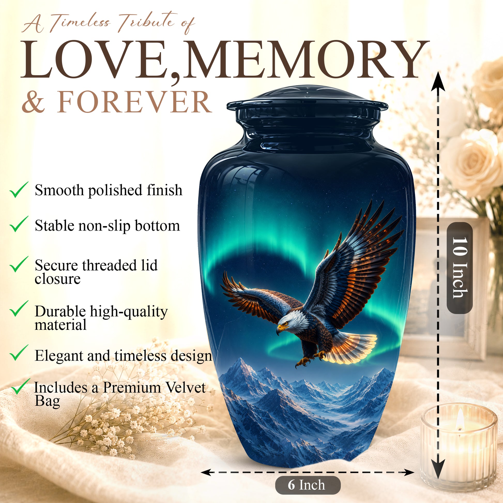 Majestic Eagle Blue Cremation Urn - Personalized Northern Lights Urns