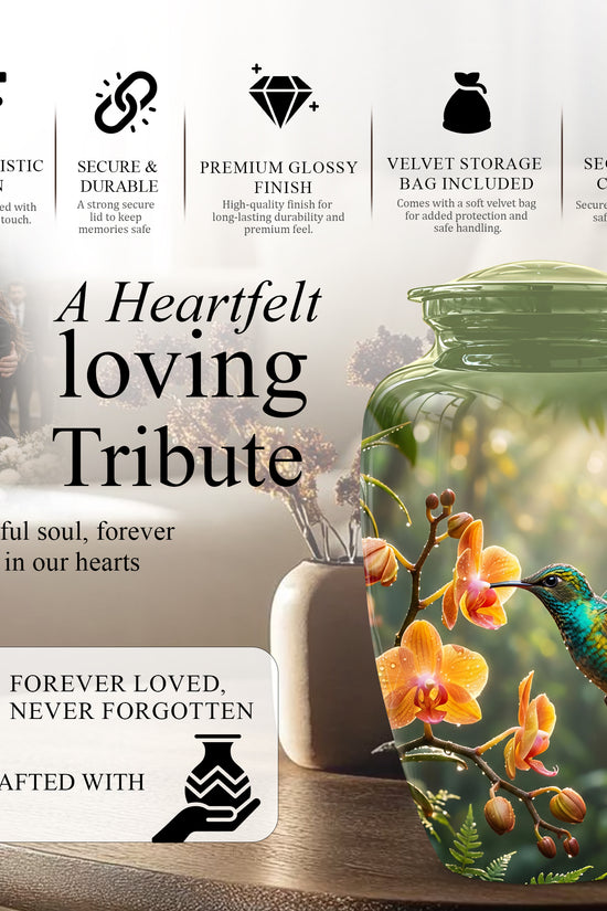 Colorful Hummingbird Urn - Green Cremation Urn For Nature Lovers Ashes