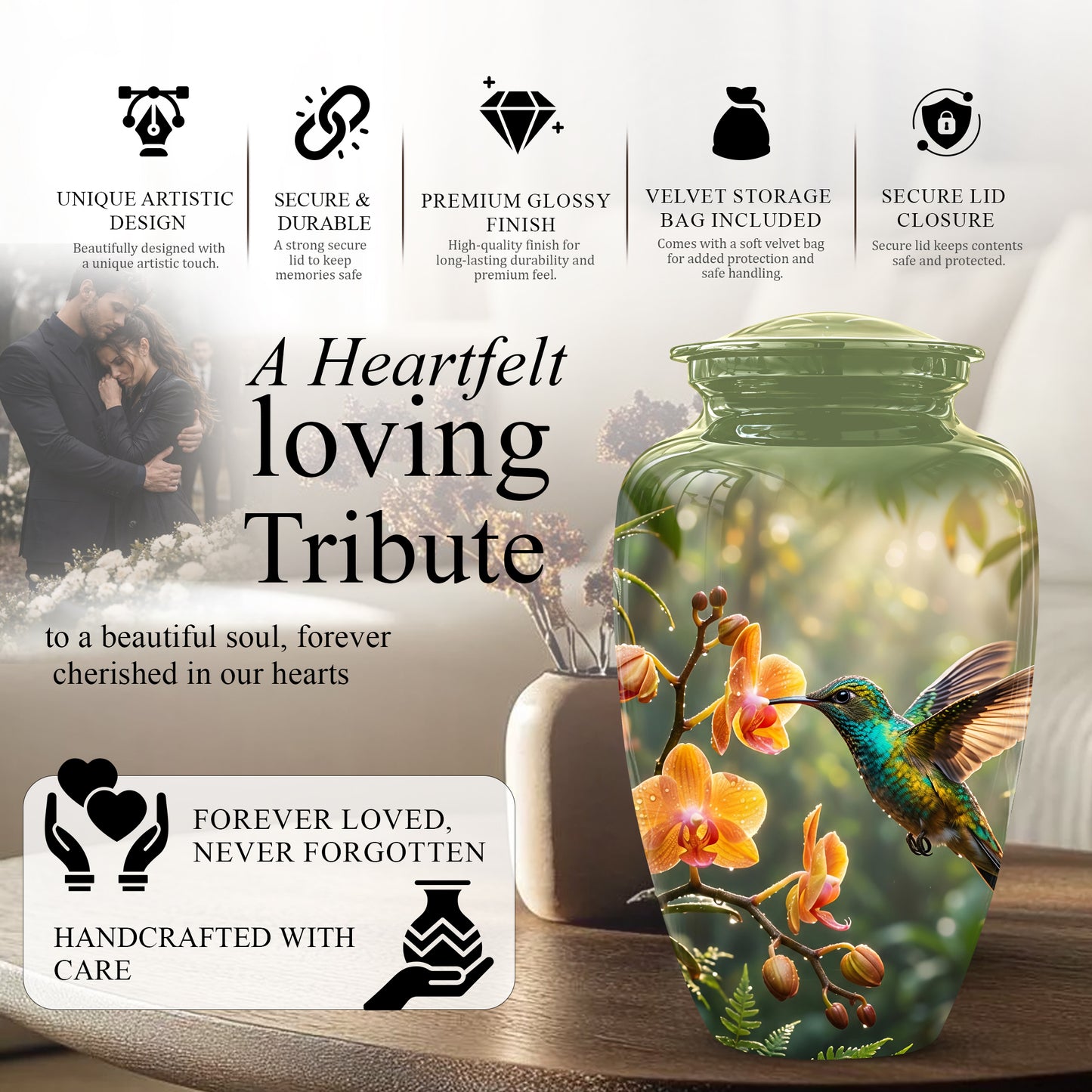Colorful Hummingbird Urn - Green Cremation Urn For Nature Lovers Ashes