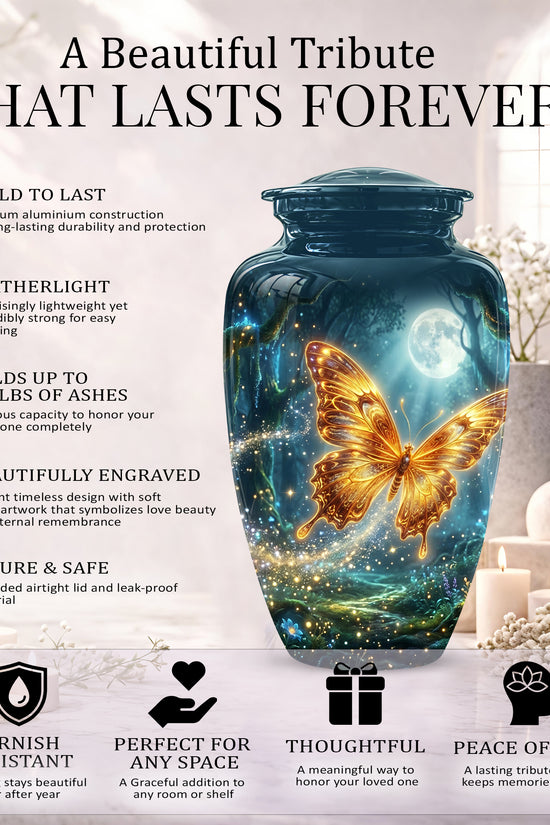 Glowing Yellow Butterfly Themed Urn - Moonlight Memorial Urns For Ashes