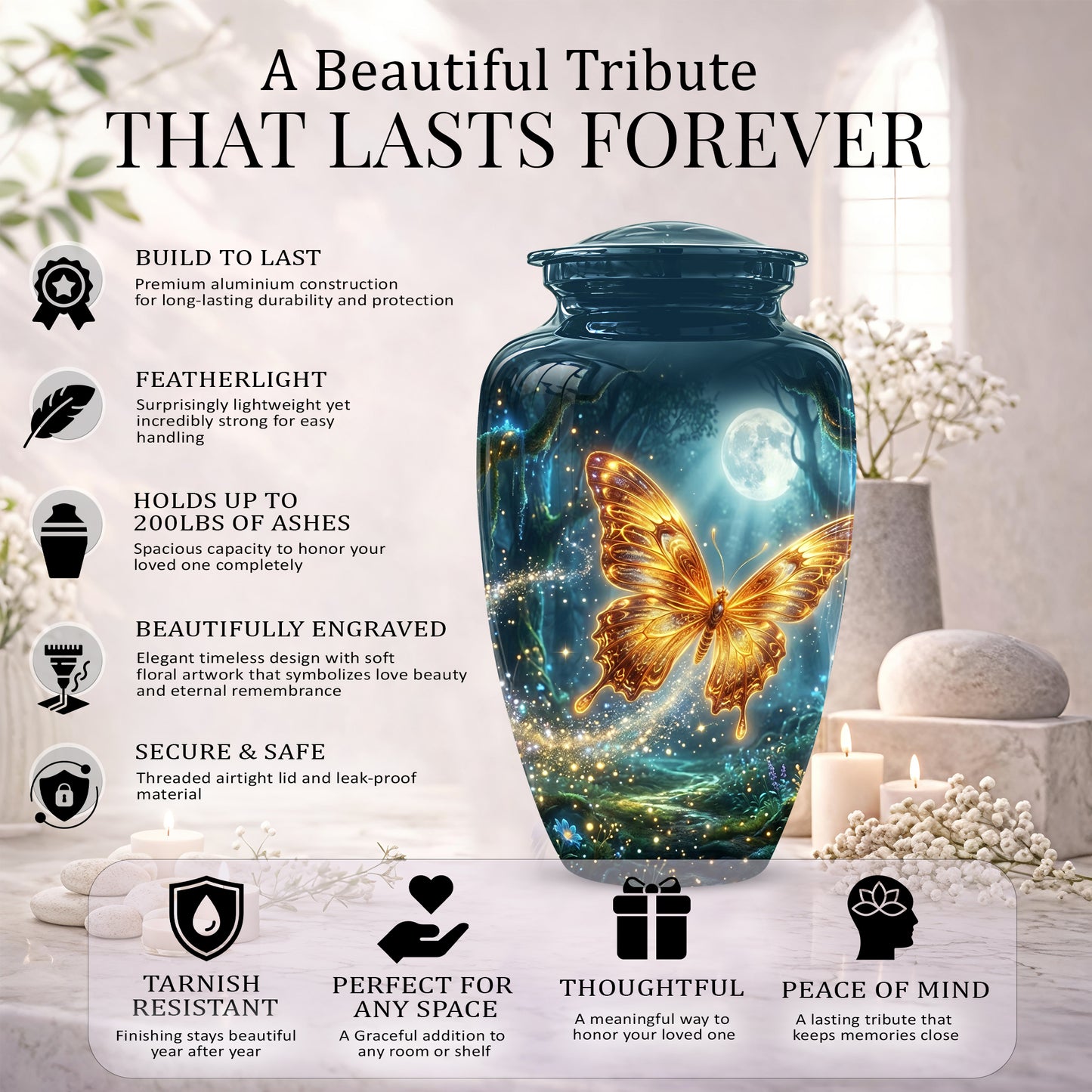 Glowing Yellow Butterfly Themed Urn - Moonlight Memorial Urns For Ashes