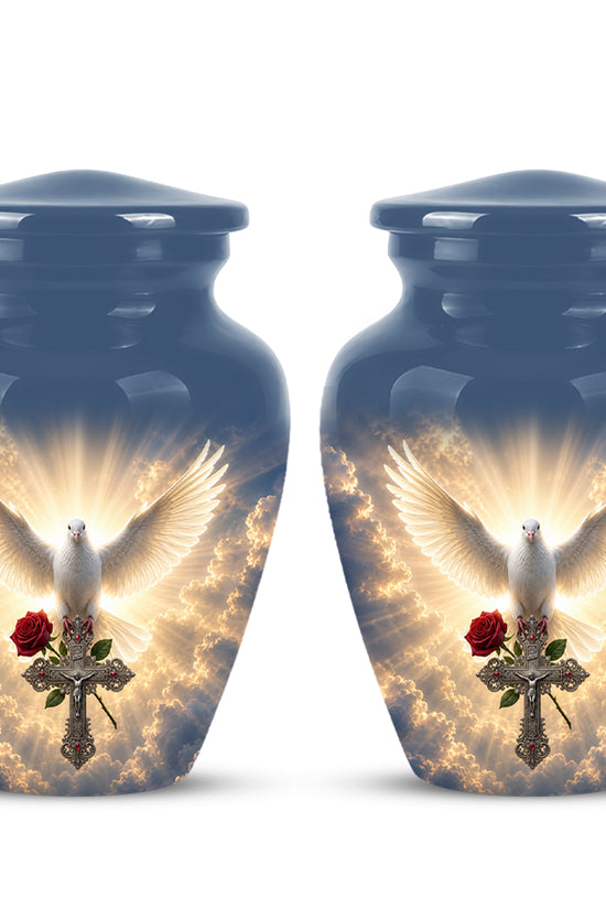 White Dove Bird With Rose - Blue Memorial Urns For Human Ashes