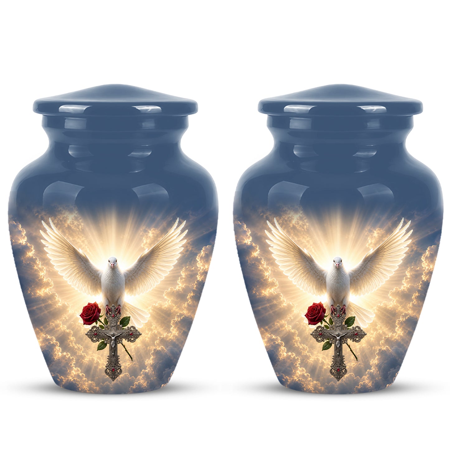 White Dove Bird With Rose - Blue Memorial Urns For Human Ashes