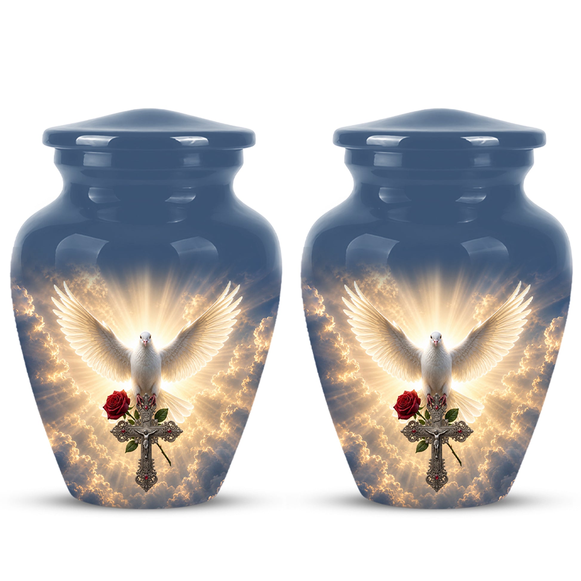 White Dove Bird With Rose - Blue Memorial Urns For Human Ashes