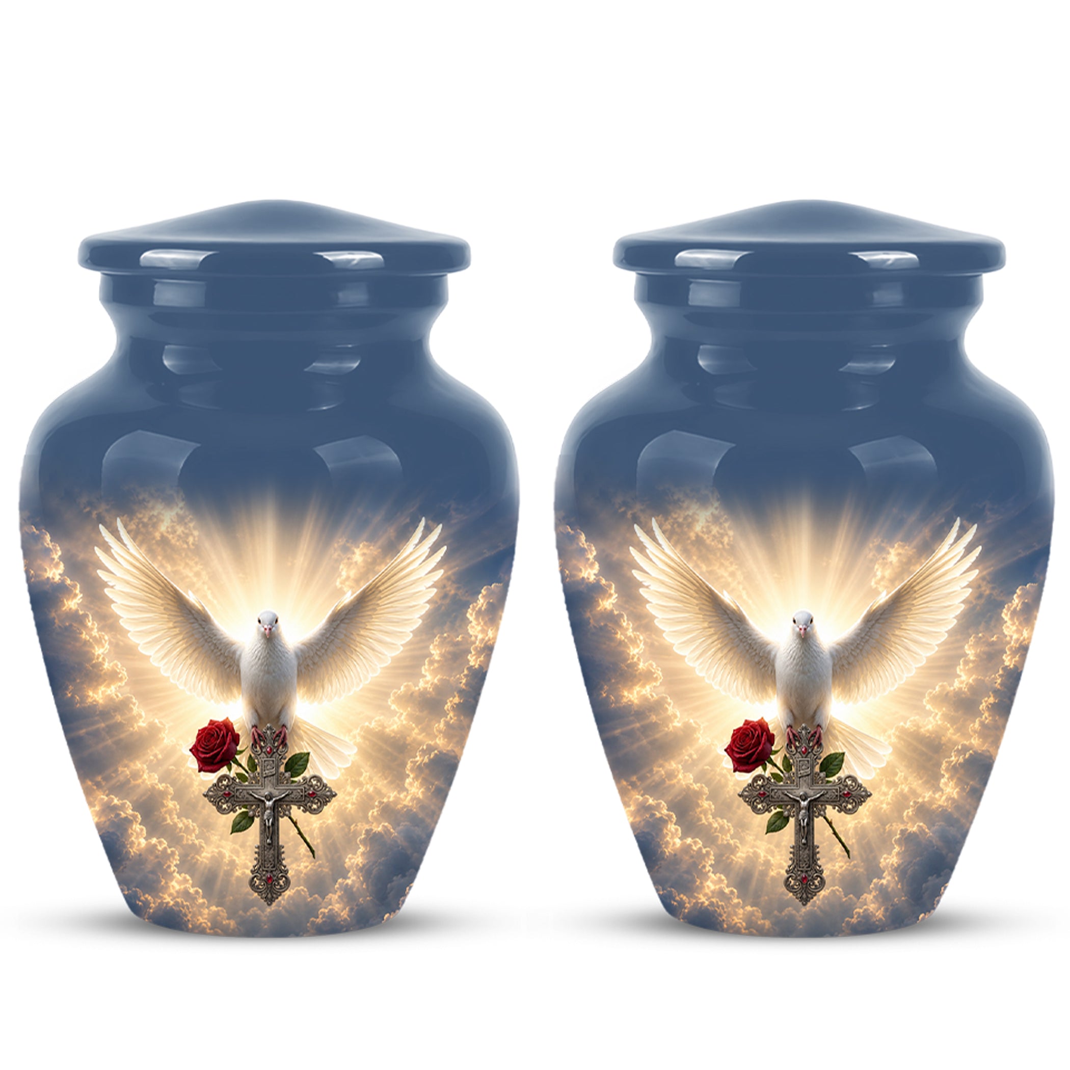 White Dove Bird With Rose - Blue Memorial Urns For Human Ashes