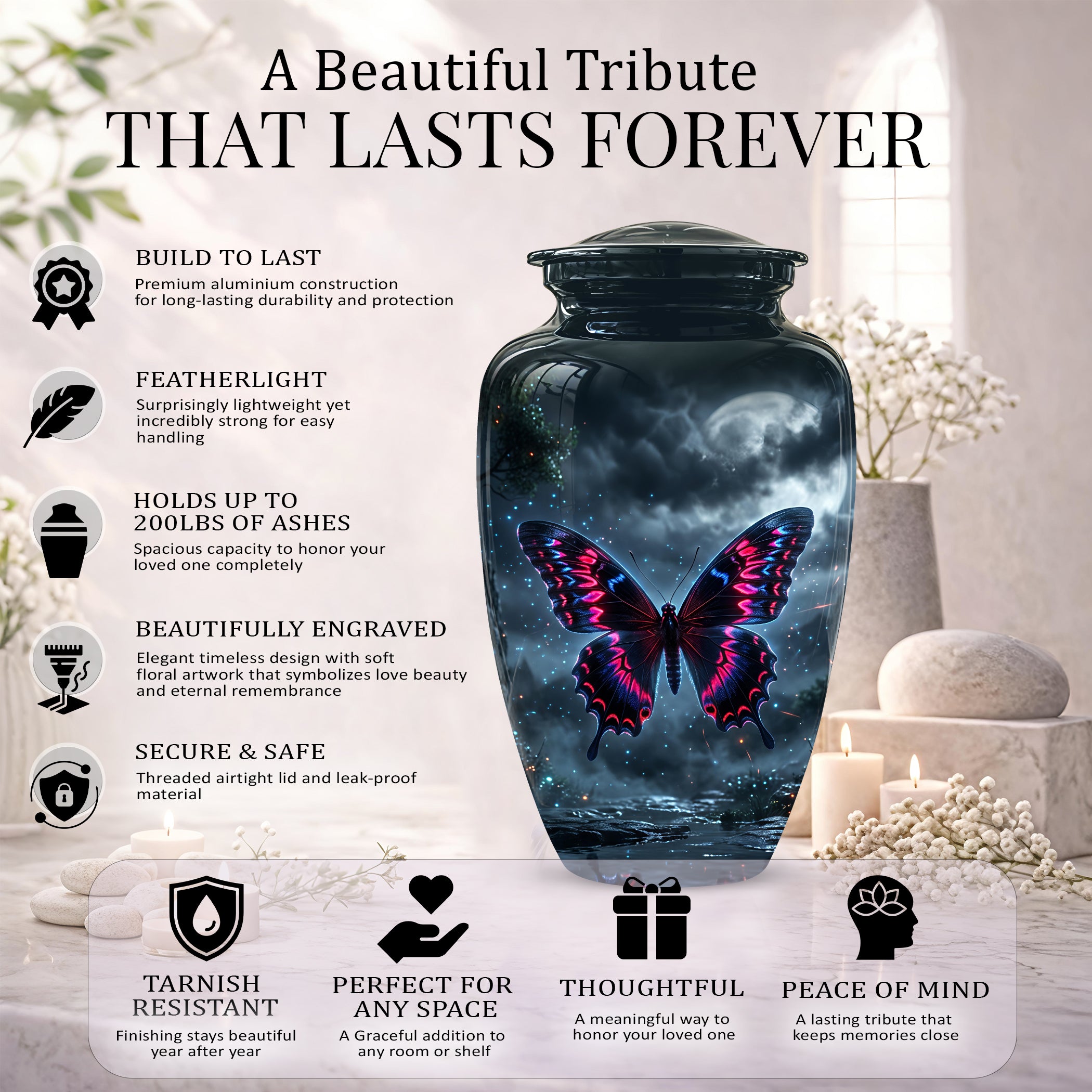 Colorful Butterfly Cremation Urn - Personalized Black Memorial Urns