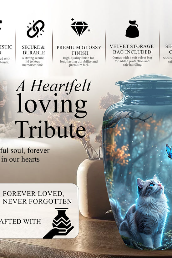 White Cat With Flying Butterfly - Custom Handcrafted Urns For Humans