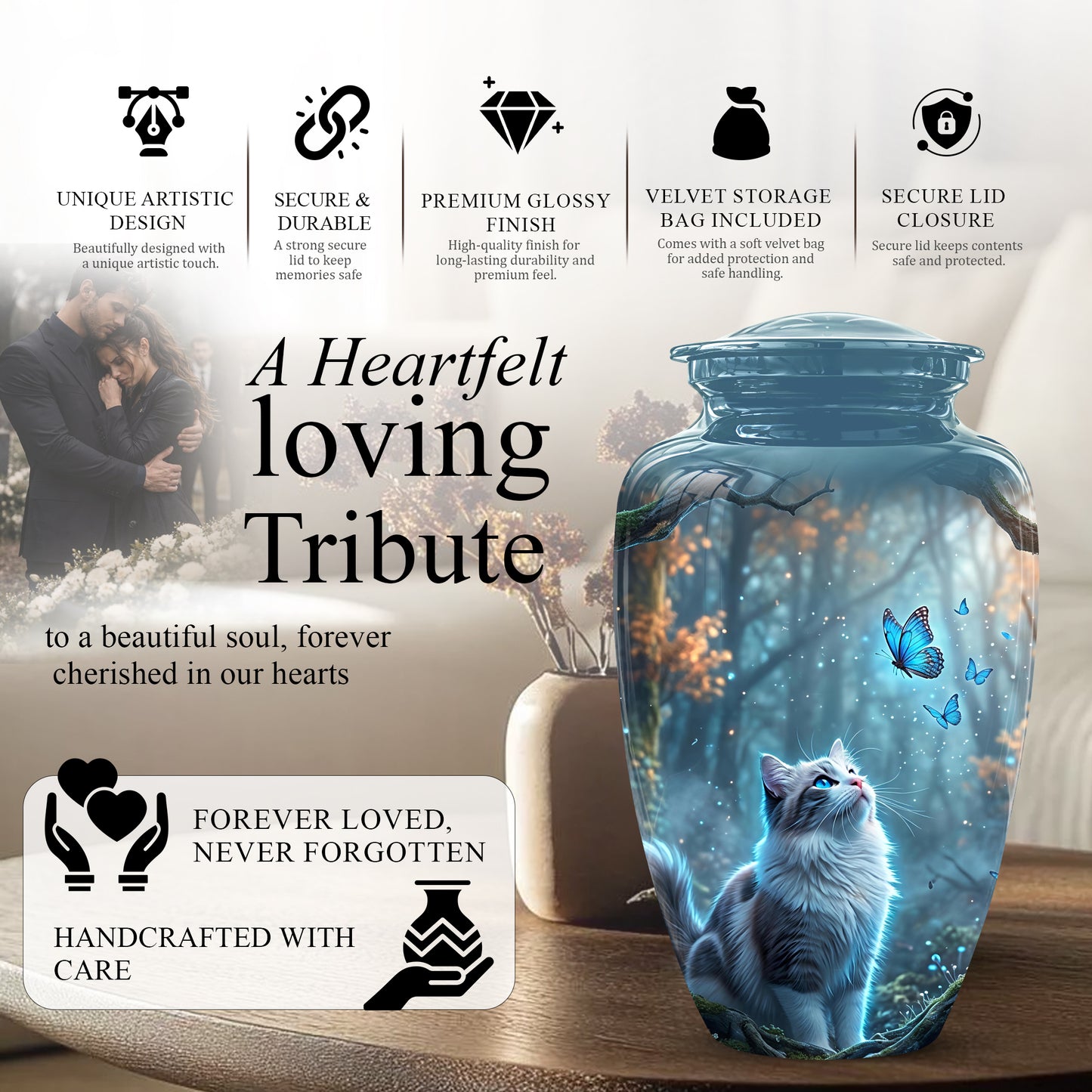 White Cat With Flying Butterfly - Custom Handcrafted Urns For Humans