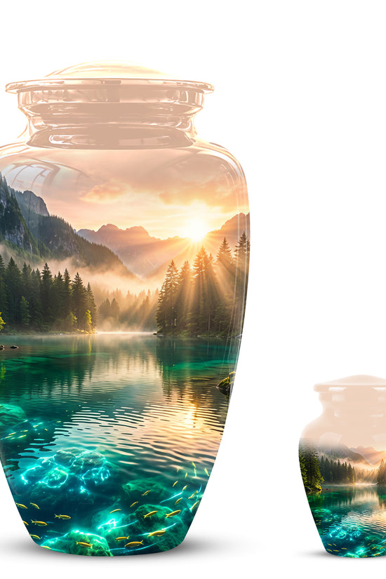Serene Mountain Lake Cremation Urn- Custom Memorial Art Urns For Ashes