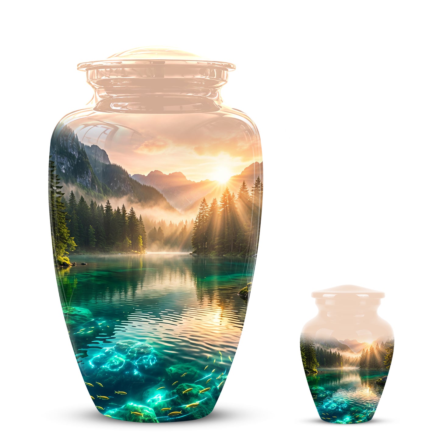 Serene Mountain Lake Cremation Urn- Custom Memorial Art Urns For Ashes