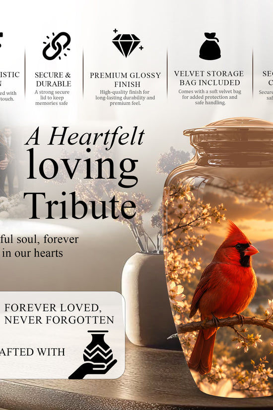 Red Cardinal Bird - Beautiful Sunset Scenic Burial Urns For  Ashes