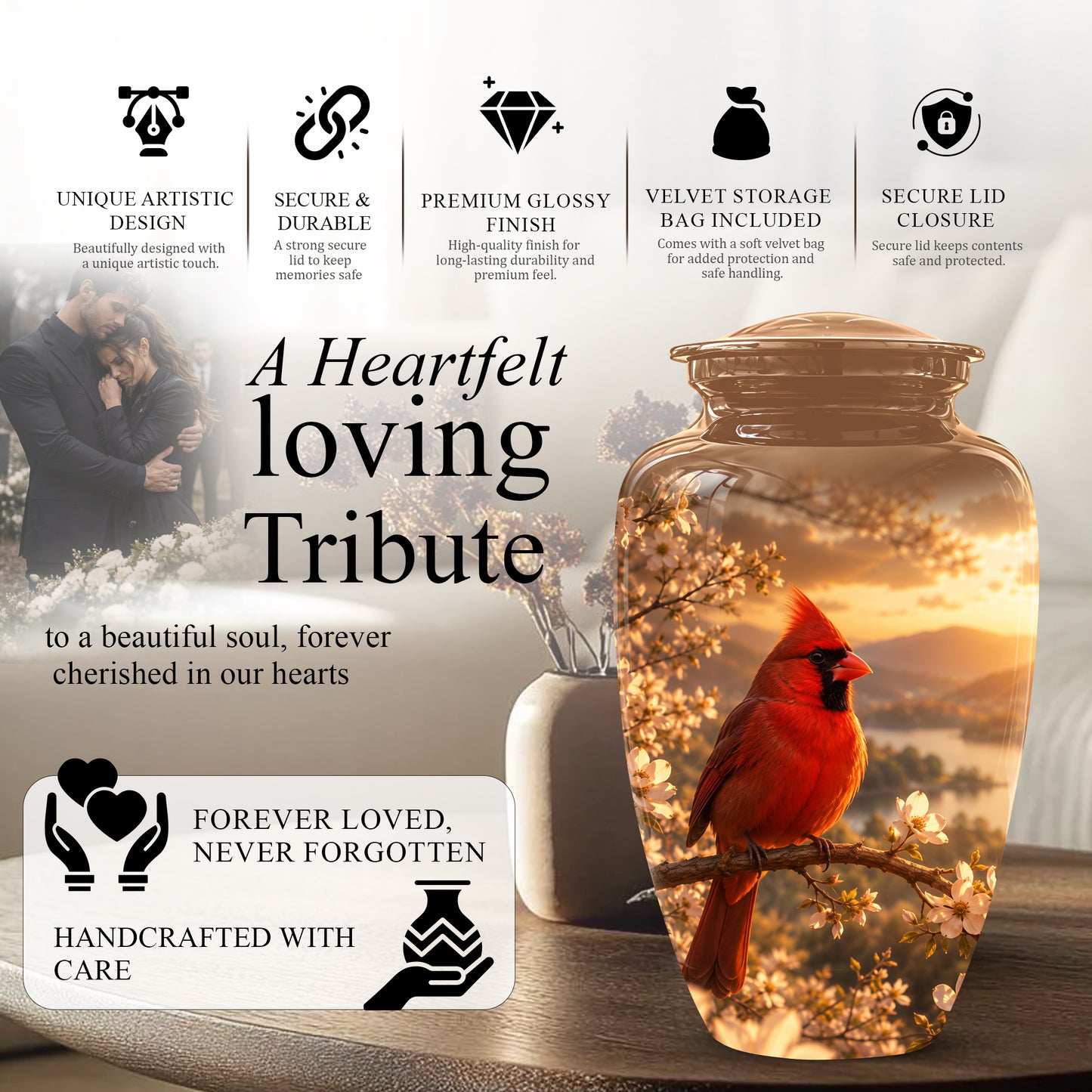 Red Cardinal Bird - Beautiful Sunset Scenic Burial Urns For  Ashes