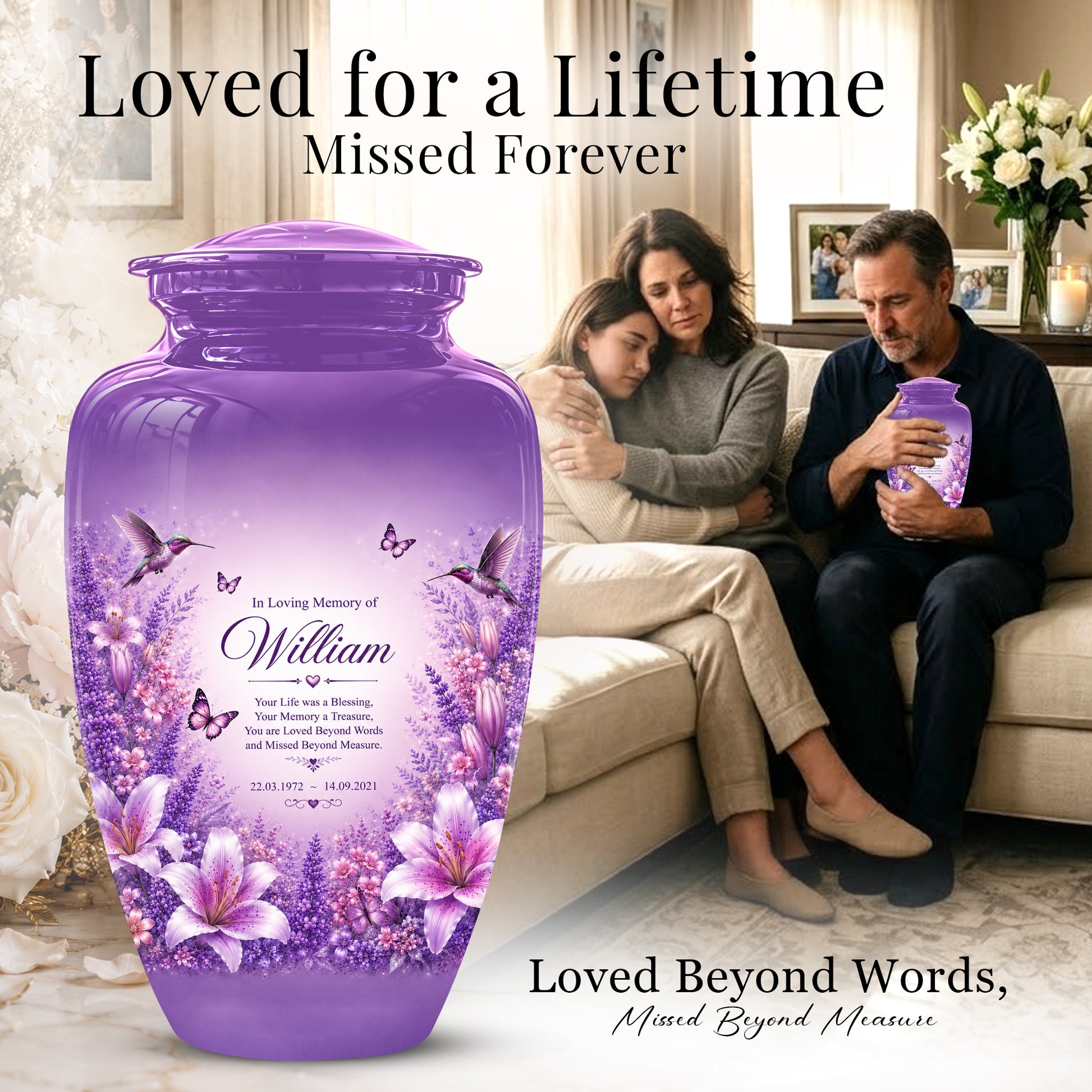 Lavender Hummingbird Urn – Purple Floral Urn for Human Ashes