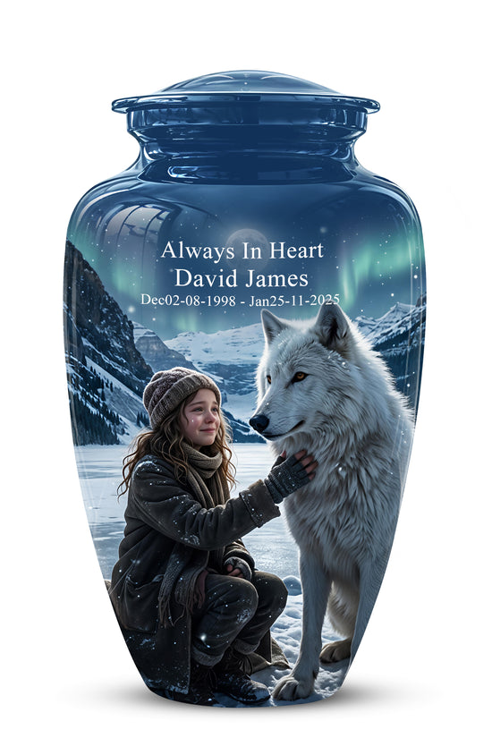 Snowy Moonlit White Wolf Urn for Ashes | Custom Memorial Urn