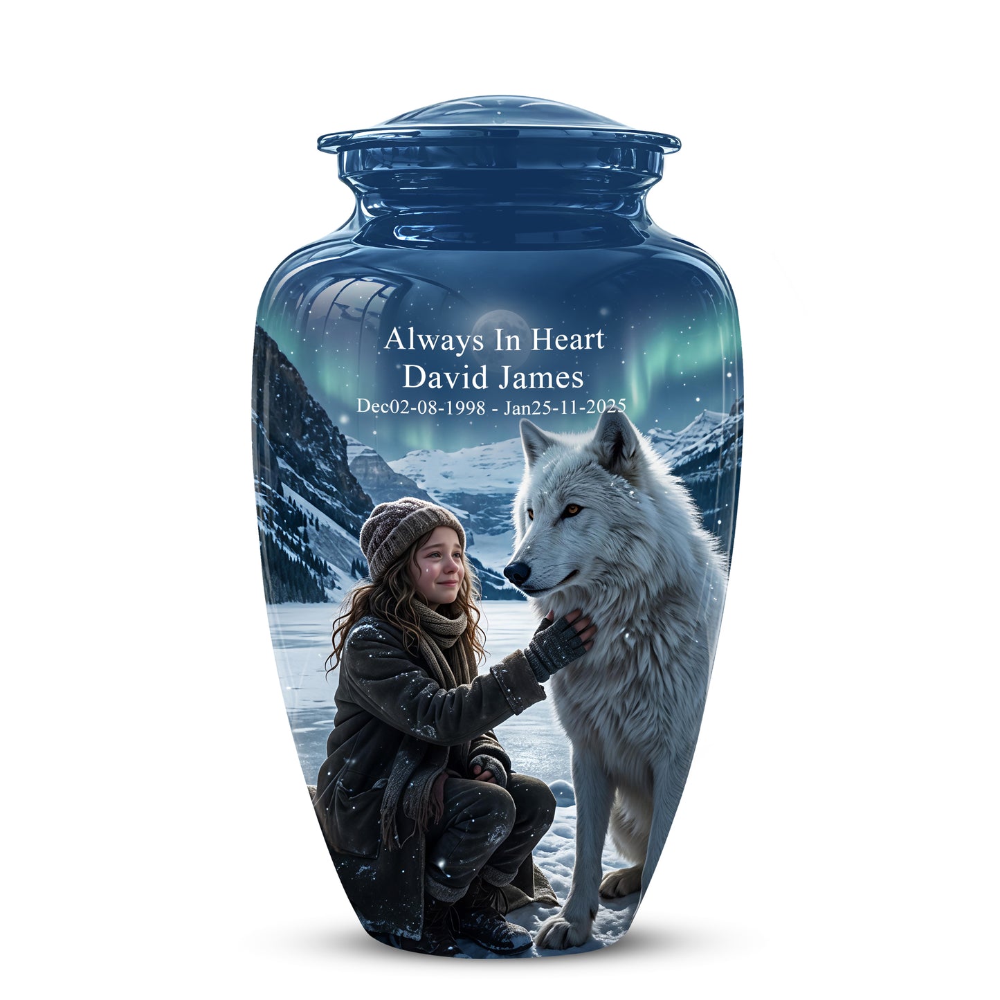 Snowy Moonlit White Wolf Urn for Ashes | Custom Memorial Urn