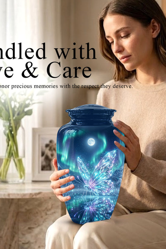 Glowing Butterfly Cremation Urn - Beautiful Blue Memorial Urns For Mom
