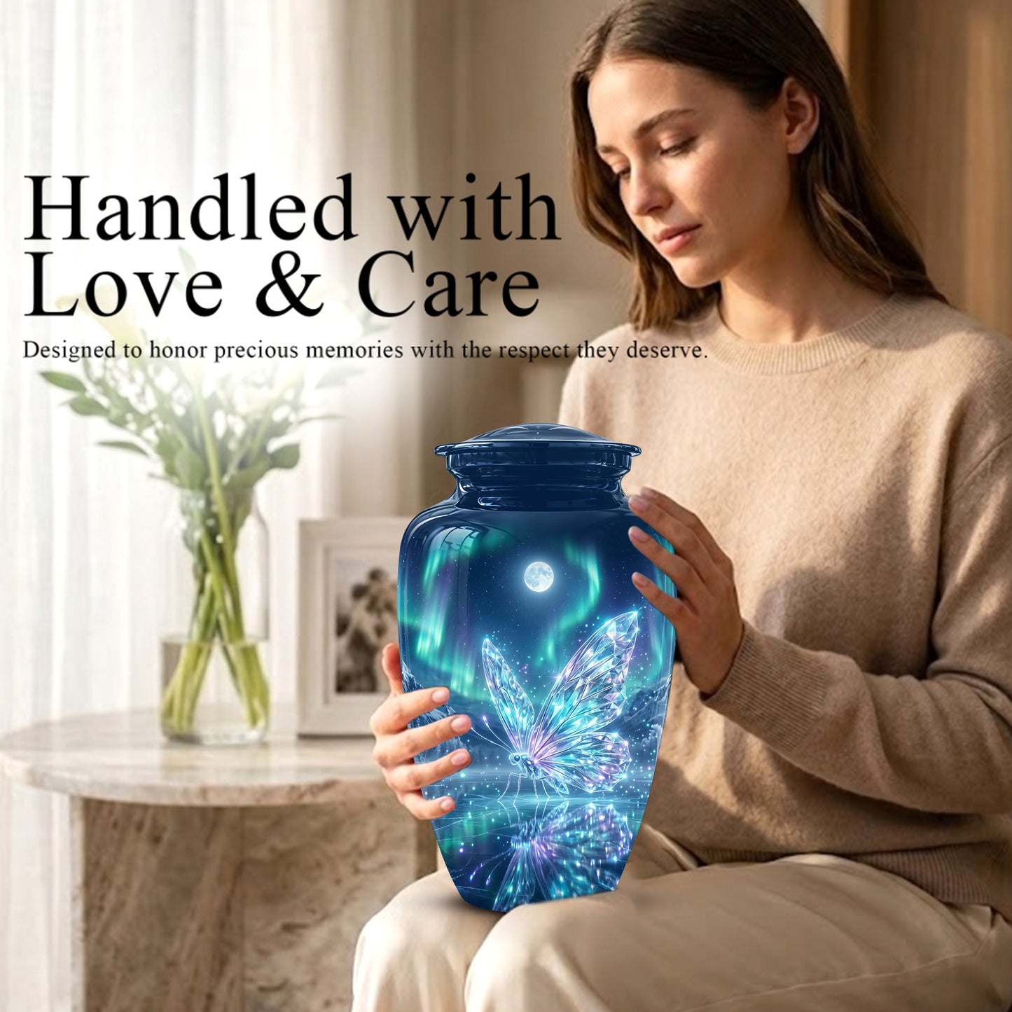 Glowing Butterfly Cremation Urn - Beautiful Blue Memorial Urns For Mom