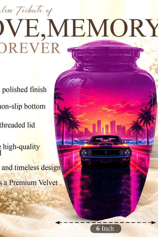 Neon Sunset Cityscape Sports Car Urn - Artistic Cremation Urn On Sale