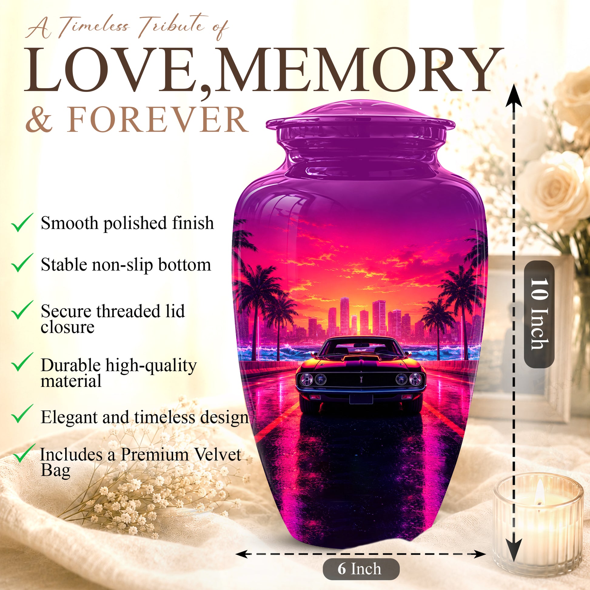Neon Sunset Cityscape Sports Car Urn - Artistic Cremation Urn On Sale