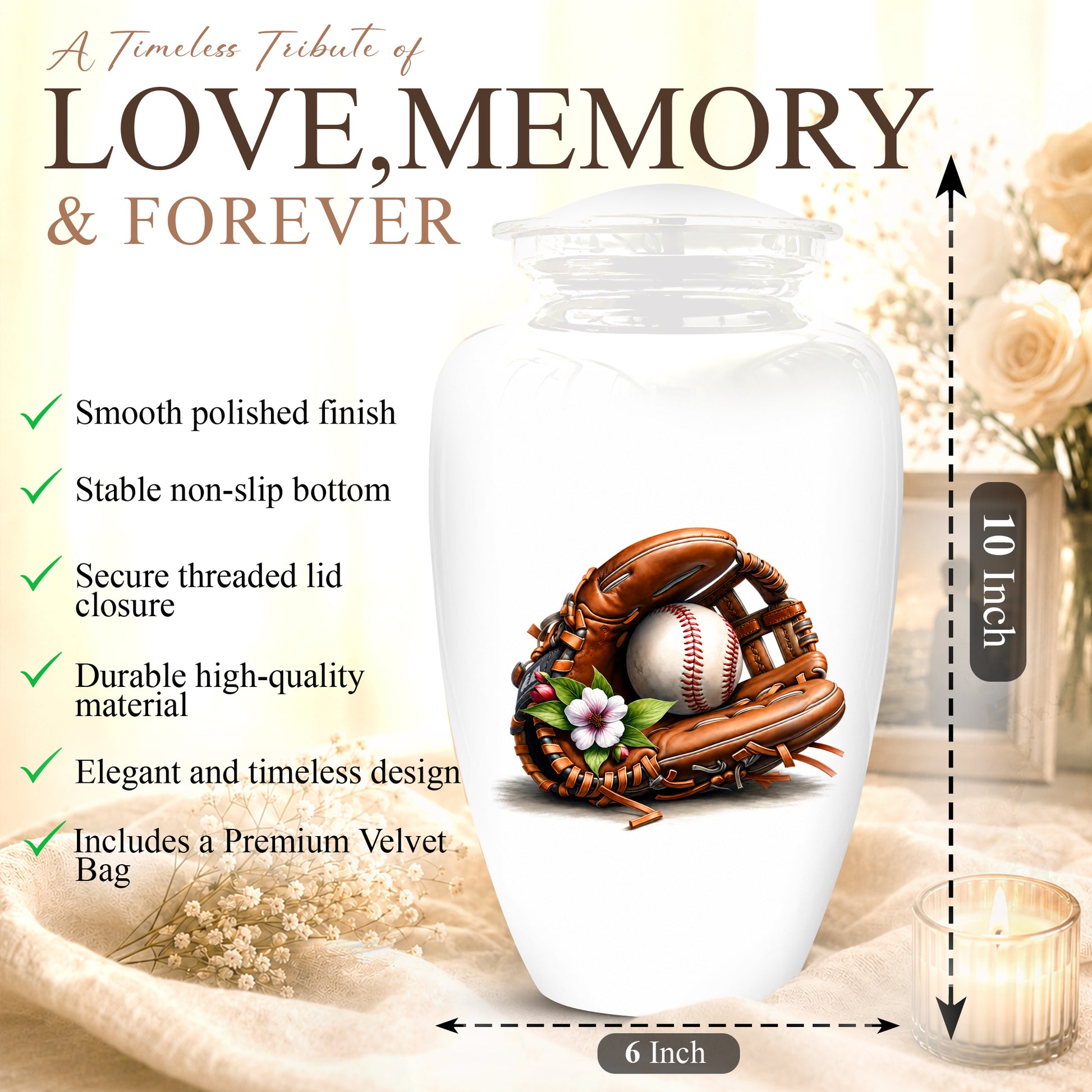Baseball Gloves  & Ball Cremation Urn - Custom White Funeral  Urns