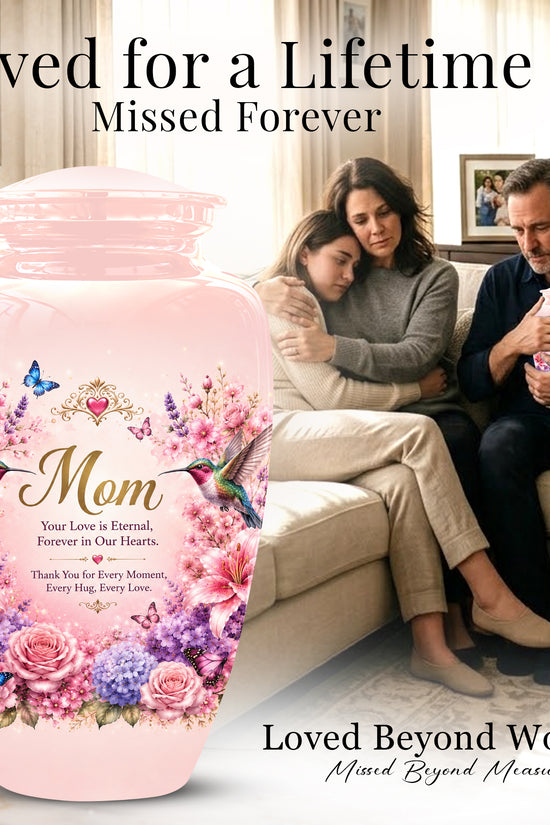 Hummingbird Floral Memorial Urn for Mother – Pink Aluminium Cremation Urn for Loved ones