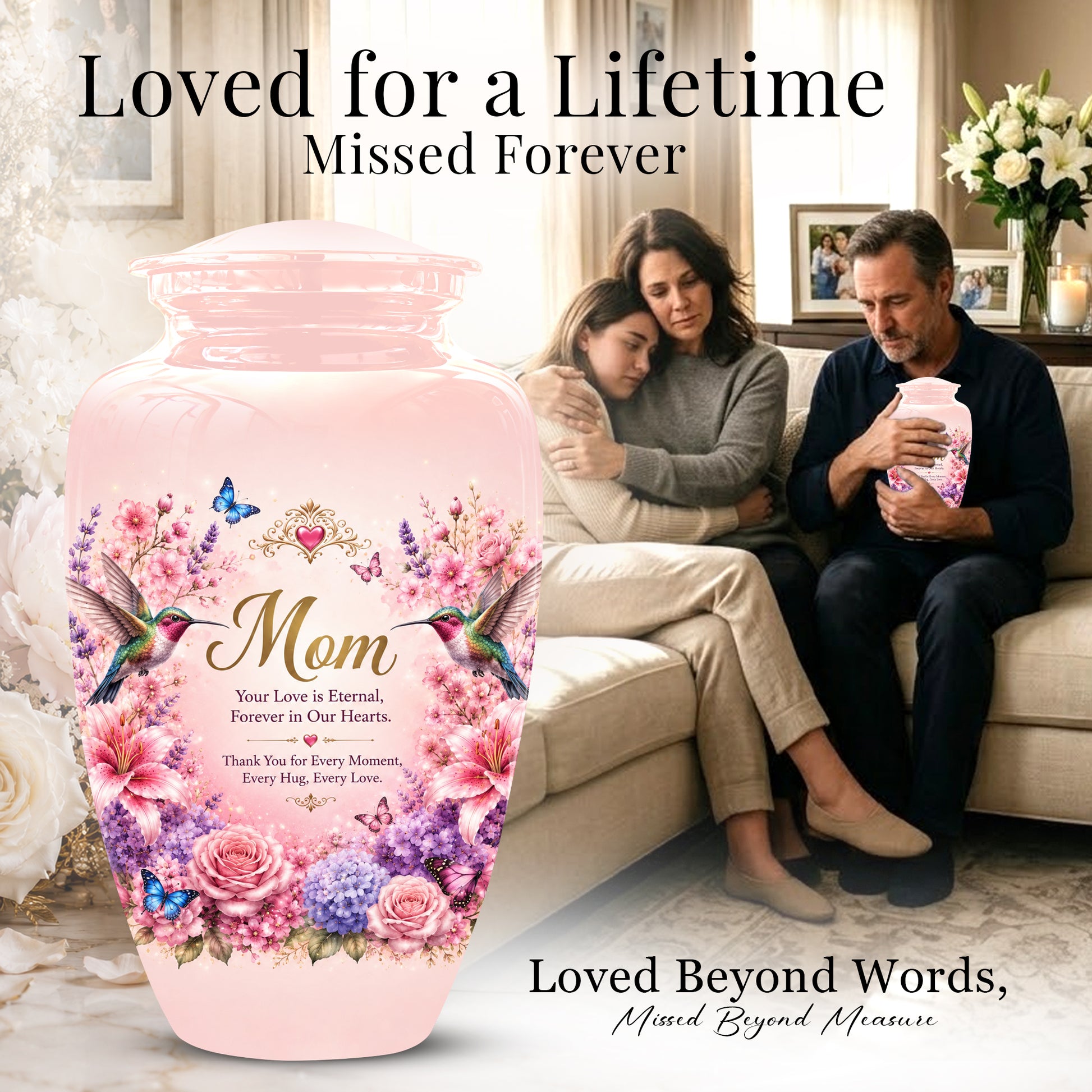 Hummingbird Floral Memorial Urn for Mother – Pink Aluminium Cremation Urn for Loved ones