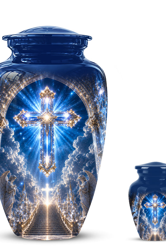 Heavenly Cross Cremation Urn – Blue Memorial Urn For Human Ashes