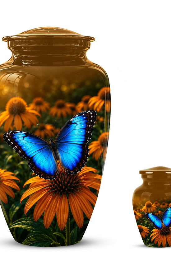 Blue Butterfly On Flower Cremation Urn - Personalized Urns For Mom Ashes