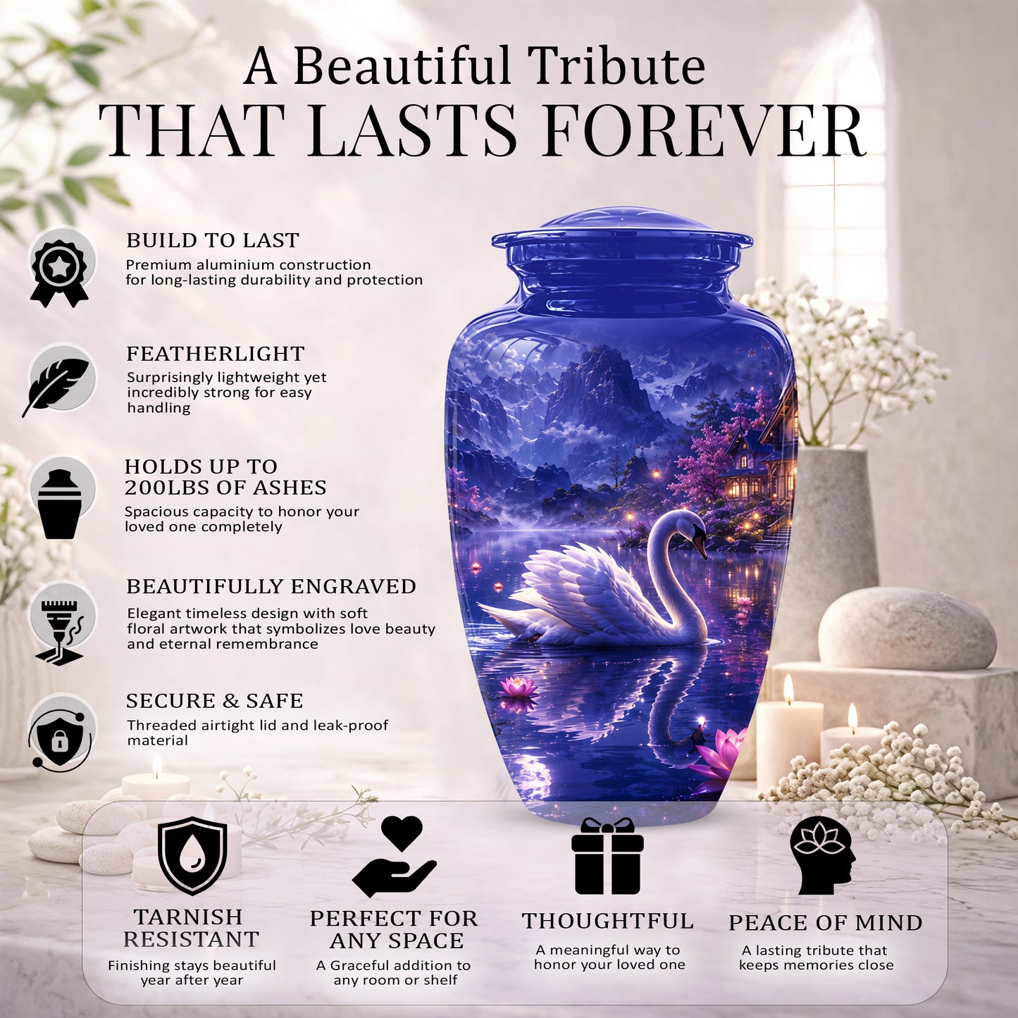 White Swan Cremation Urn - Night Landscape Funeral Urns For Human Ashes