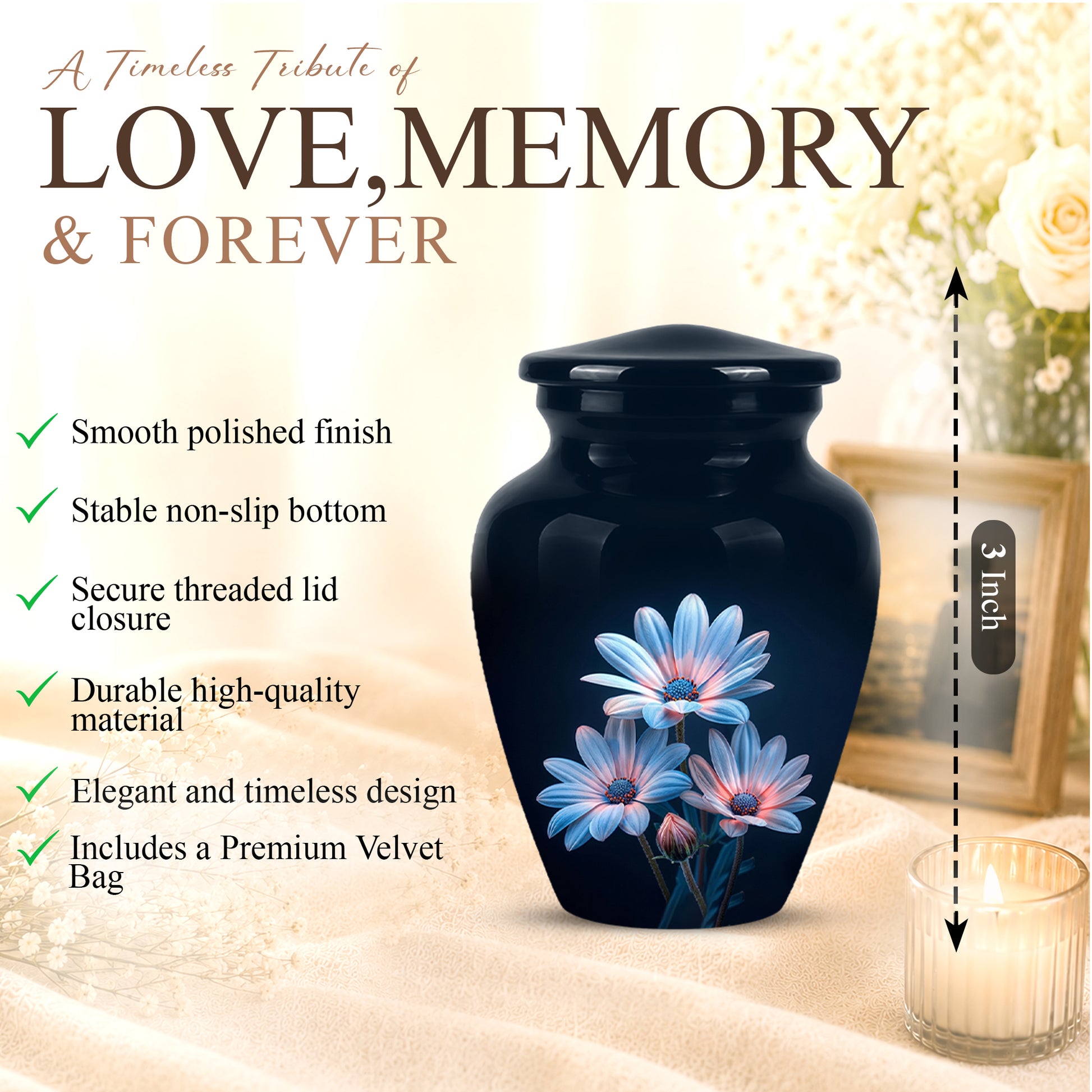 Blue Flower Memorial  Urn - Beautifully Crafted Urns To Tribute Ashes