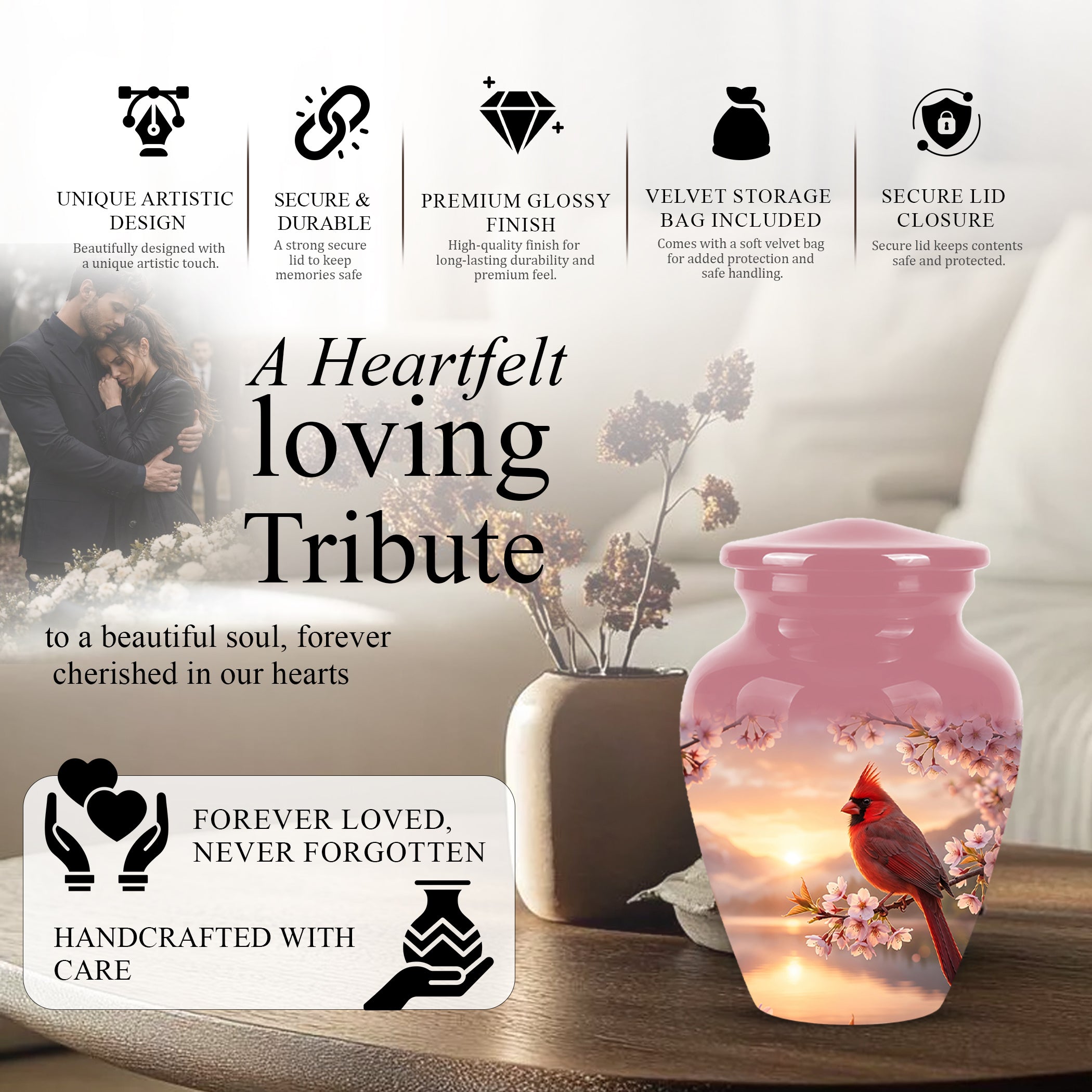 Cardinal Bird Themed Urn - Beautiful Memorial Urns For Spiritual Ashes