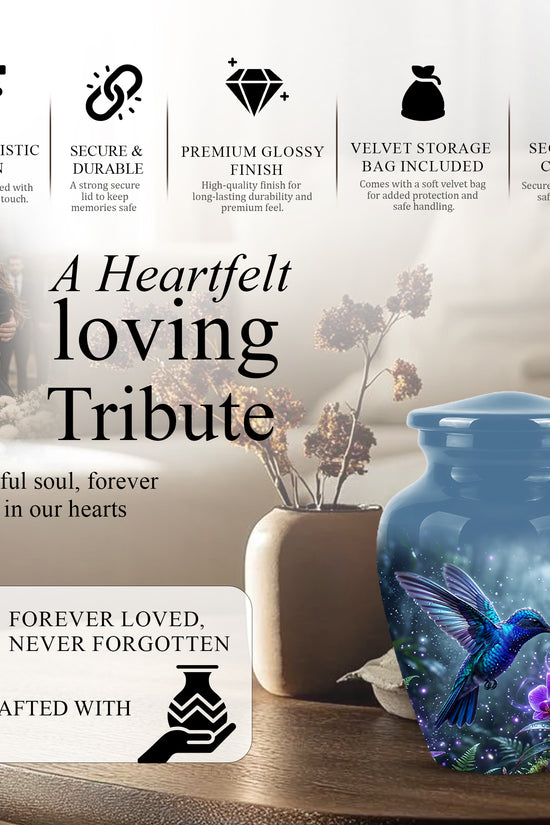 Flying Blue Hummingbird Urn - Majestic Memorial Urns For Human Ashes