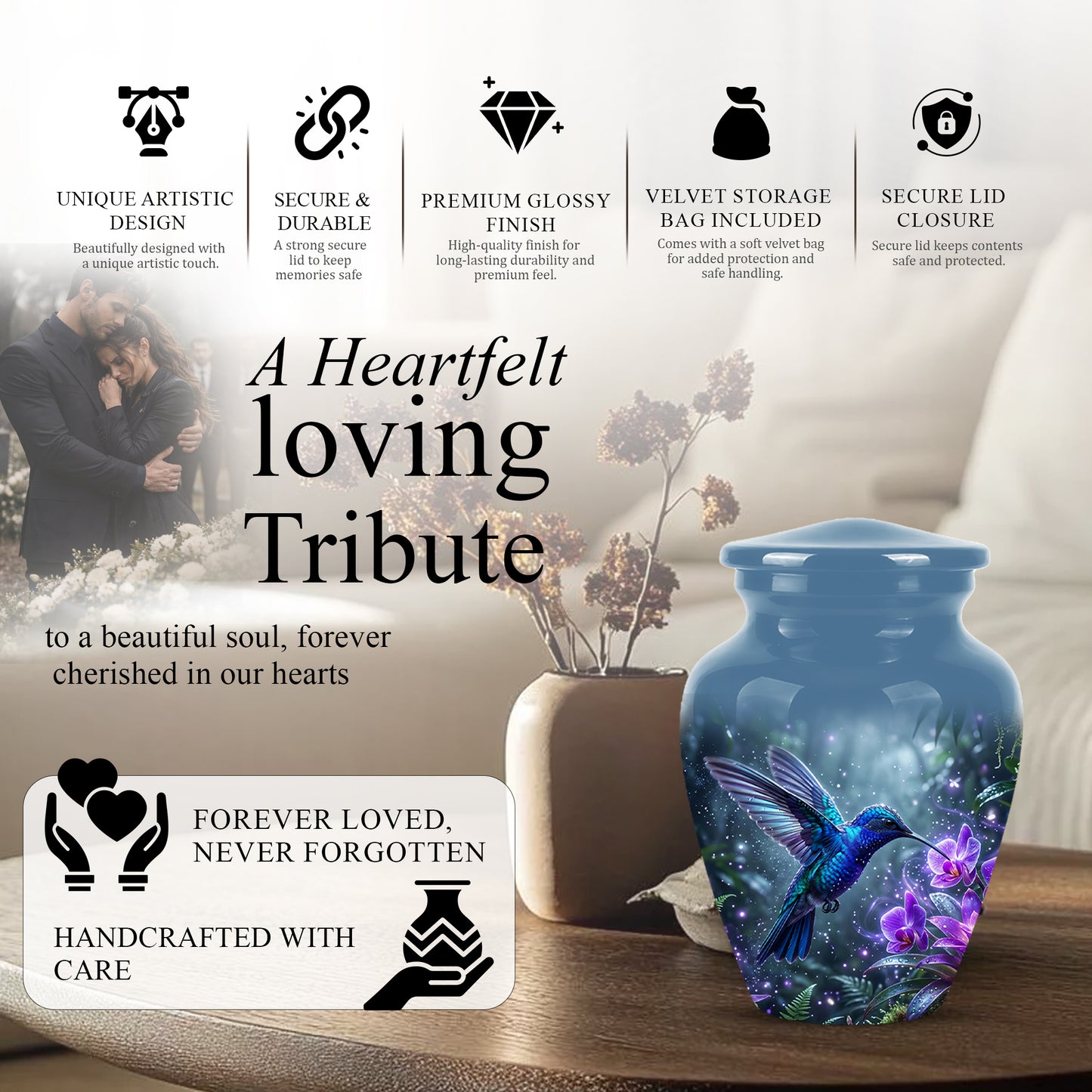 Flying Blue Hummingbird Urn - Majestic Memorial Urns For Human Ashes