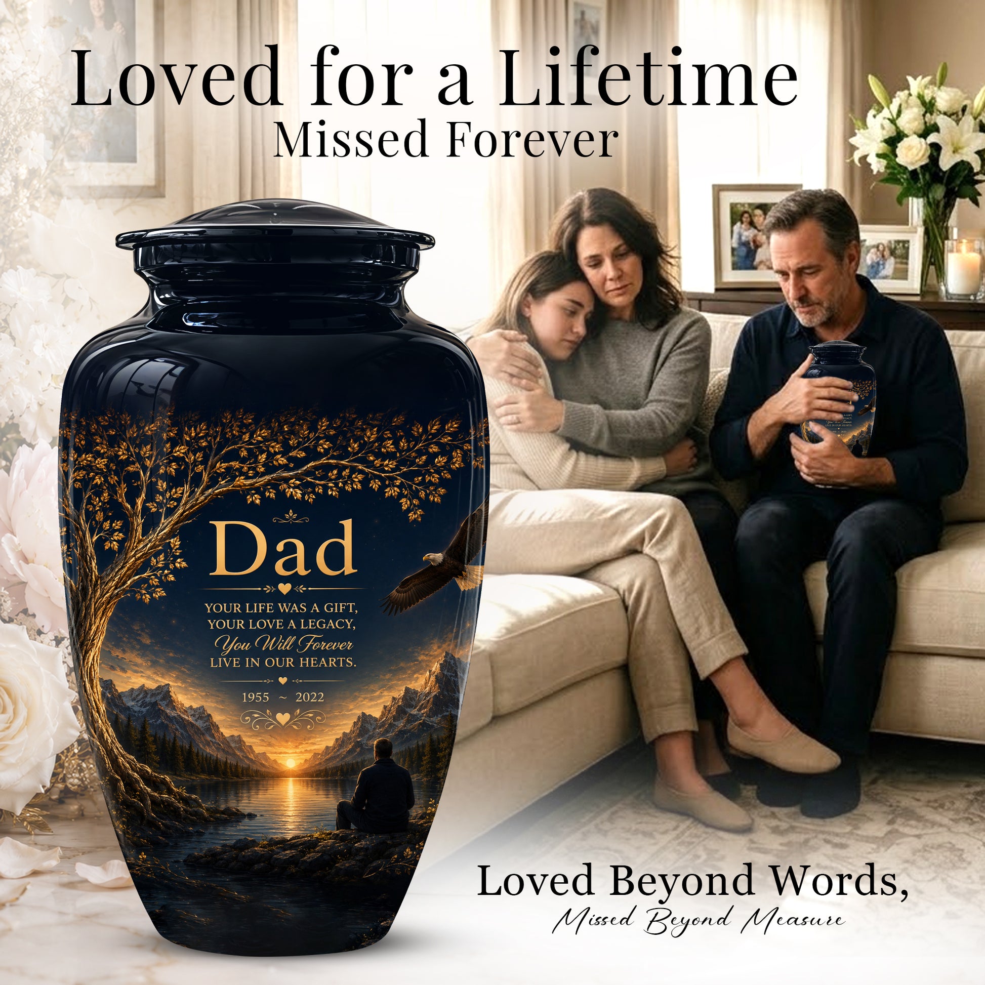 Mountain Memorial Urn for Dad – Black Funeral Urn for Human Ashes
