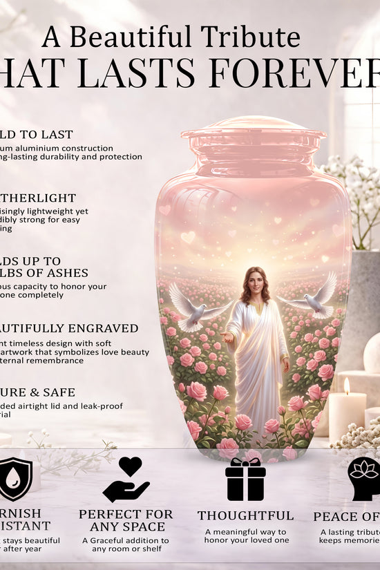 Jesus Christ And Roses Cremation Urn - Dove Memorial Urn For Ashes