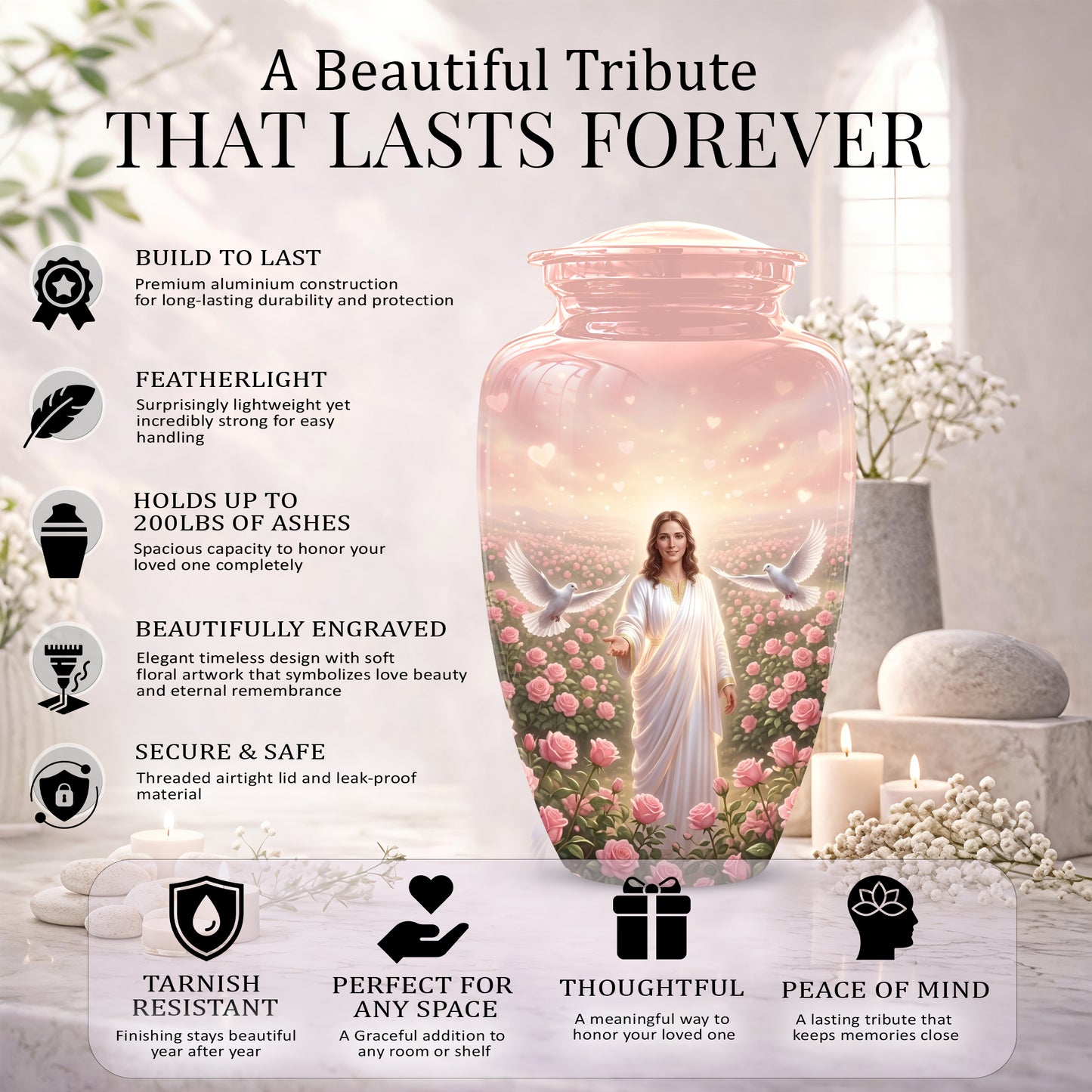 Jesus Christ And Roses Cremation Urn - Dove Memorial Urn For Ashes