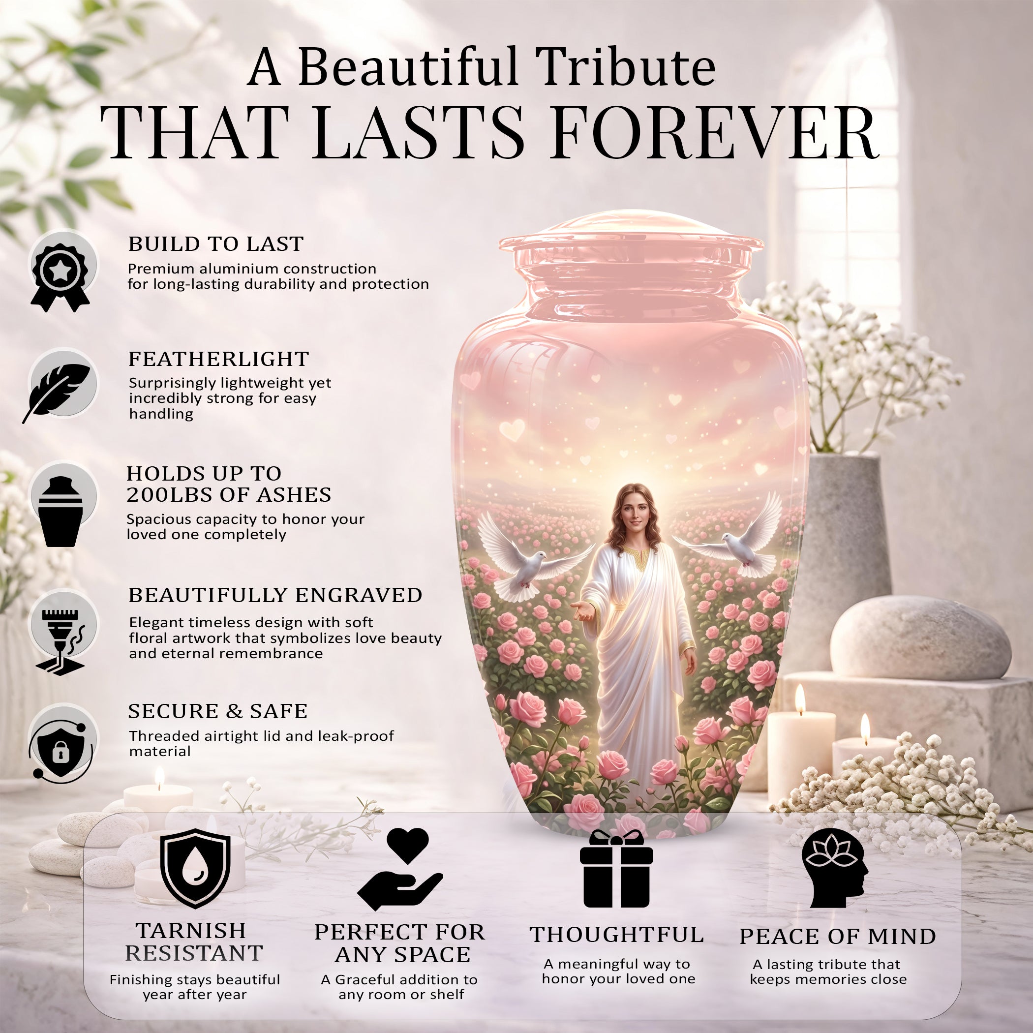Jesus Christ And Roses Cremation Urn - Dove Memorial Urn For Ashes