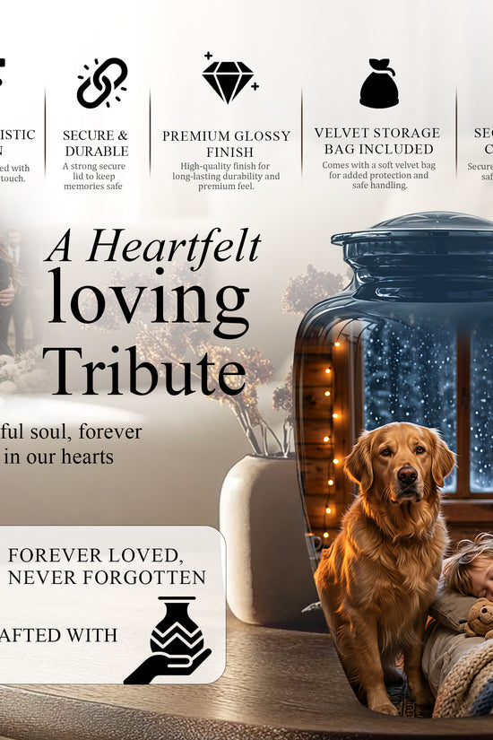 Golden Retriever Dog With Child - Beautiful Custom Pet Urns For Ashes