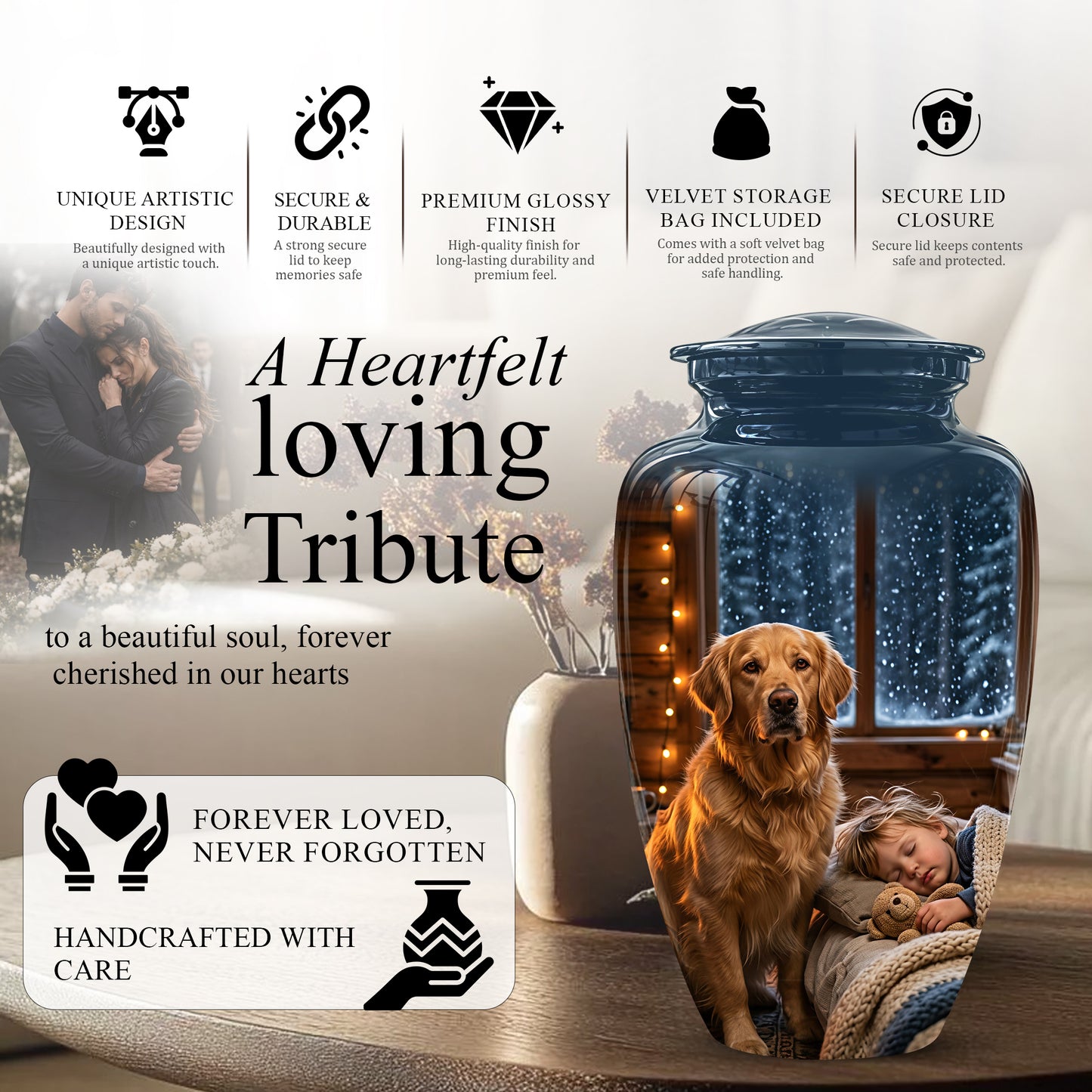 Golden Retriever Dog With Child - Beautiful Custom Pet Urns For Ashes