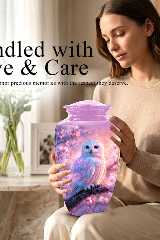 White Owl Cremation Urn - Beautiful Pink Memorial Urns For Human Ashes